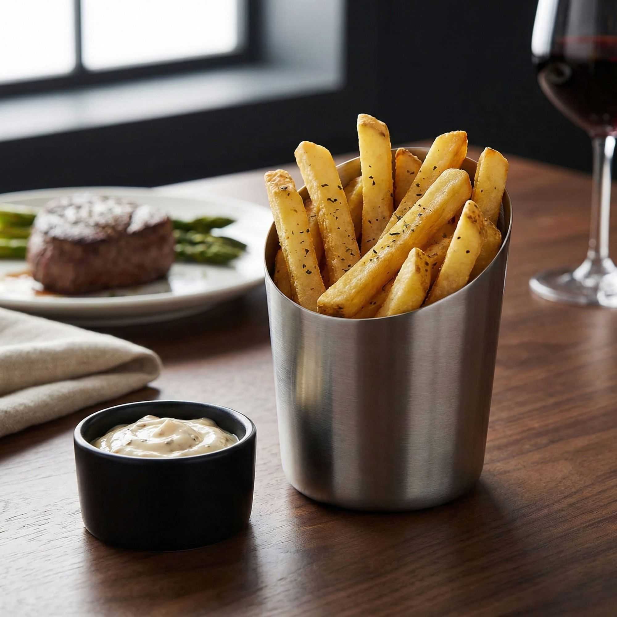Met Lux Stainless Steel French Fry Cup - Tapered, Satin Finish - 3 1/2" x 4 1/2" - 1 count box