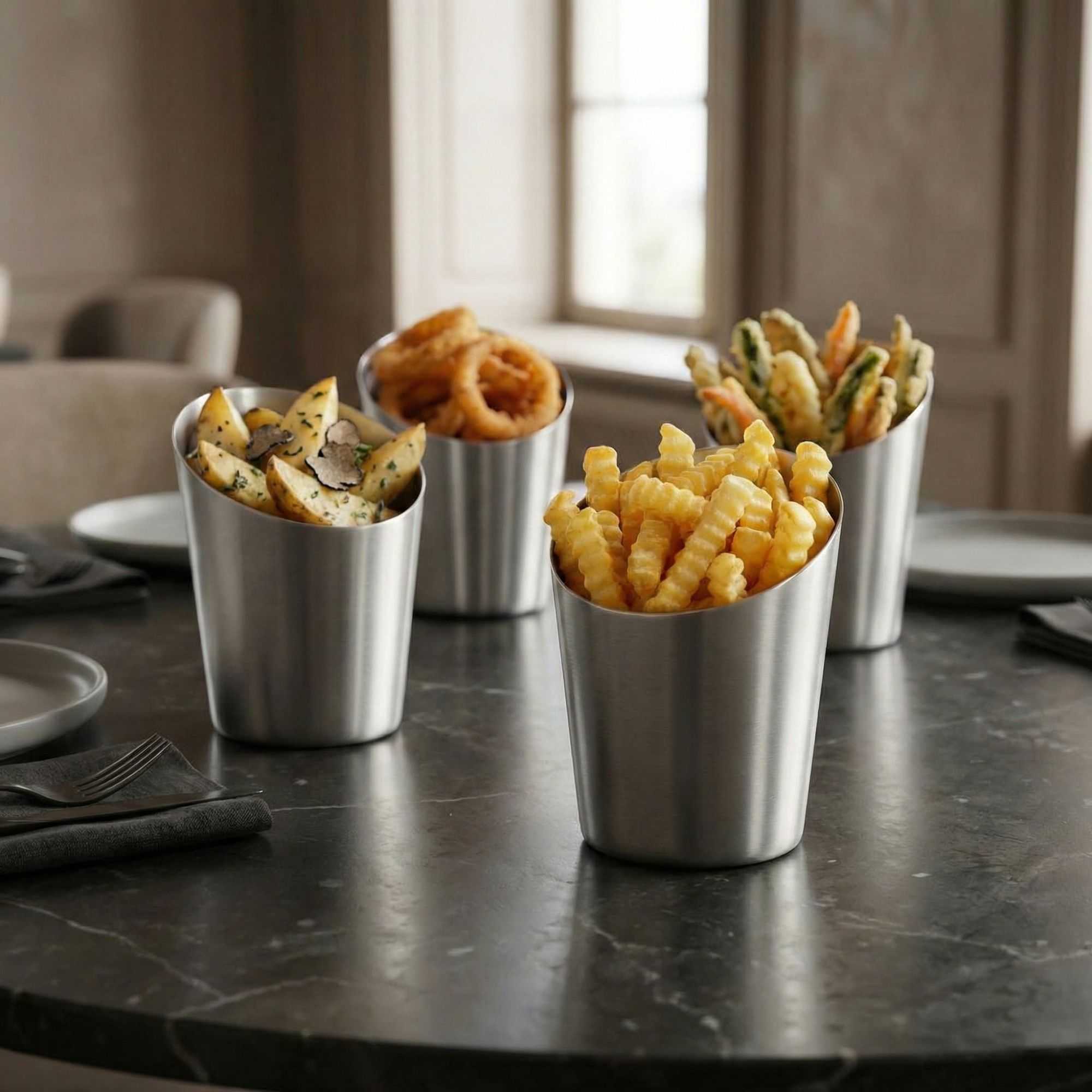 Met Lux Stainless Steel French Fry Cup - Tapered, Satin Finish - 3 1/2" x 4 1/2" - 1 count box