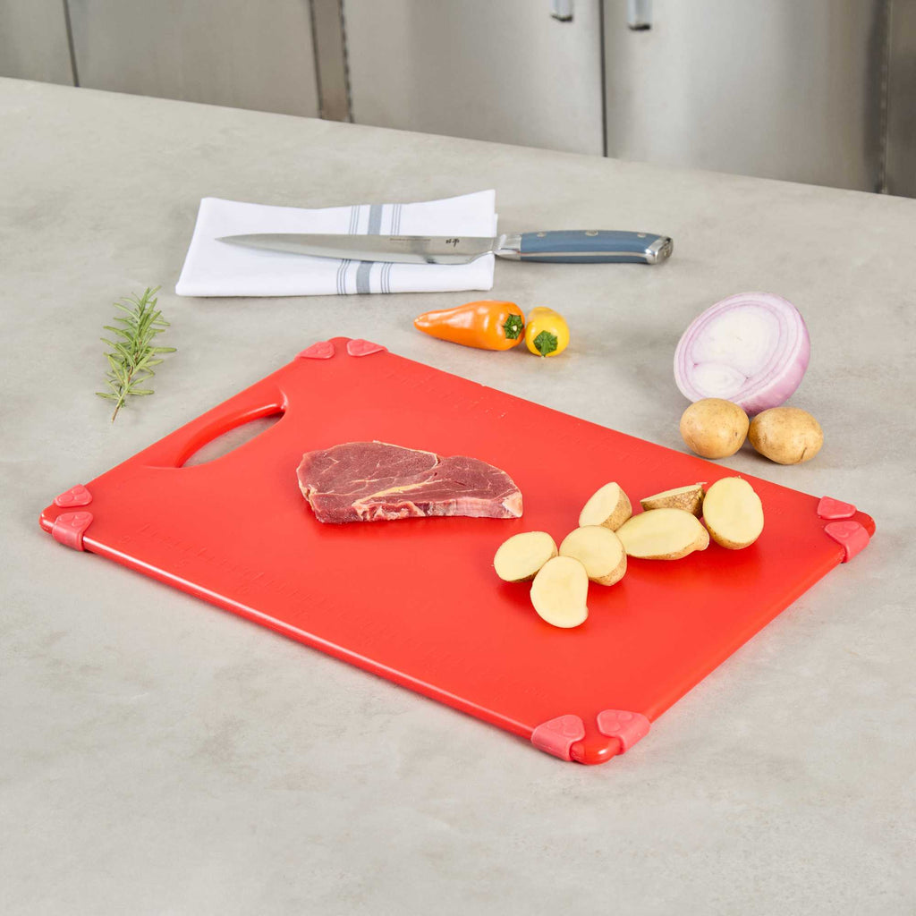 Sure Grip Red Plastic Cutting Board - Non-Slip, Measurement Markers, Carrying Handle - 12" x 18" - 1 count box