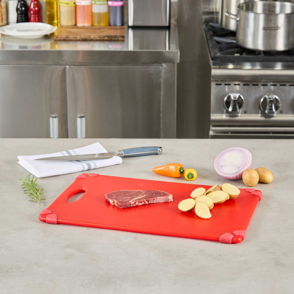 Sure Grip Red Plastic Cutting Board - Non-Slip, Measurement Markers, Carrying Handle - 12" x 18" - 1 count box