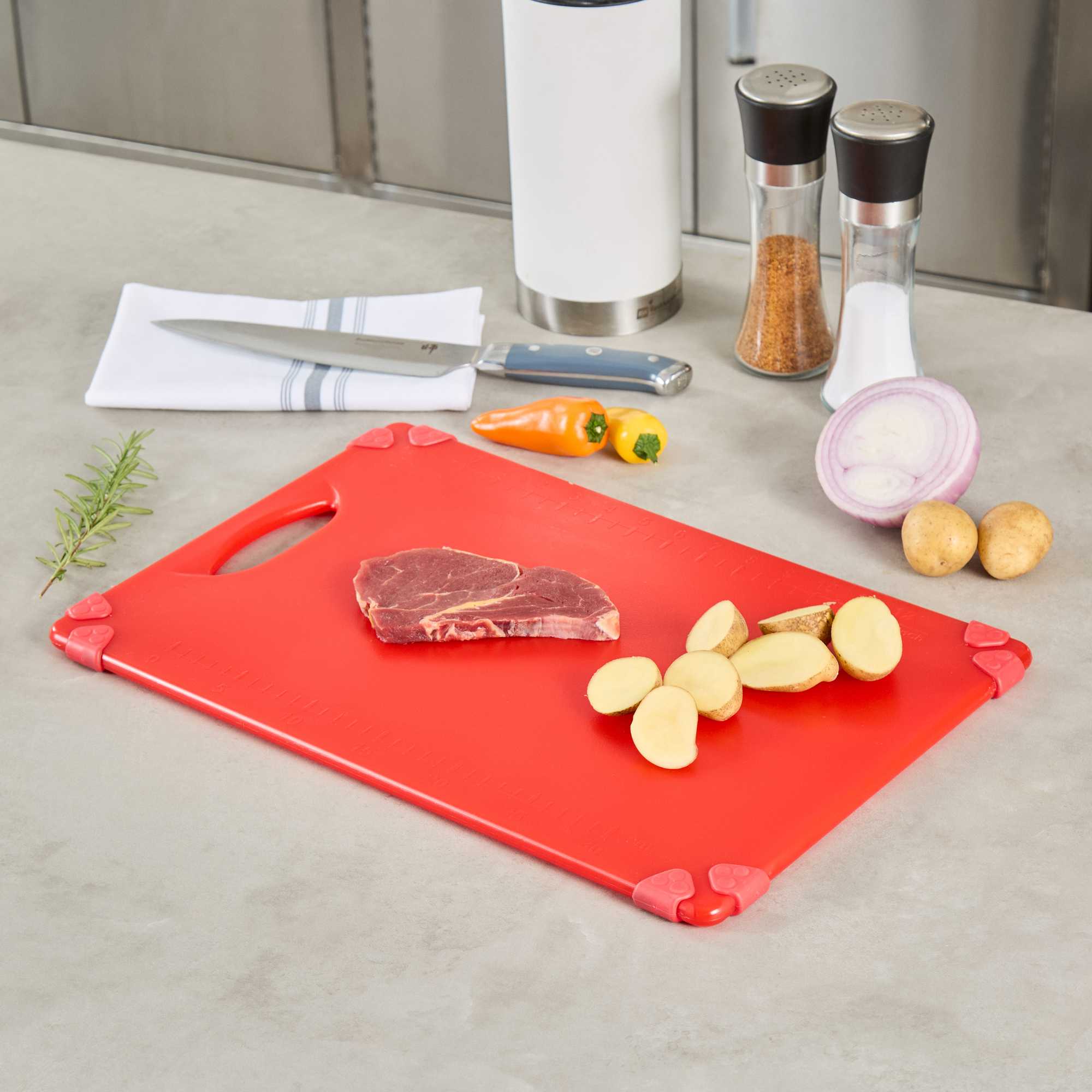Sure Grip Red Plastic Cutting Board - Non-Slip, Measurement Markers, Carrying Handle - 12" x 18" - 1 count box