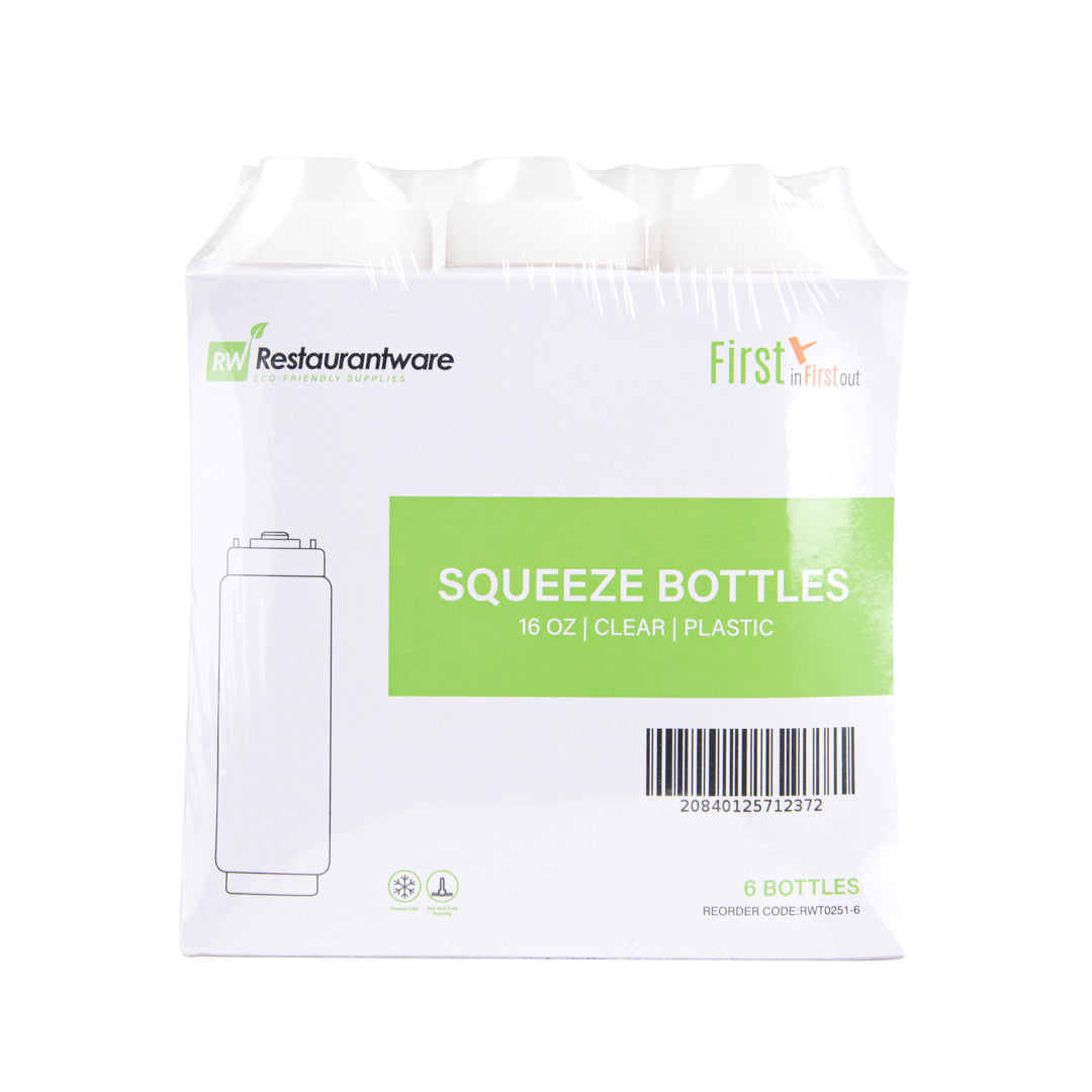 First In First Out 16 oz Clear Plastic Squeeze Bottle - Inverted, Refill & Dispensing Lid - 2 1/2" x 2 1/2" x 8 1/4" - 6 count box
