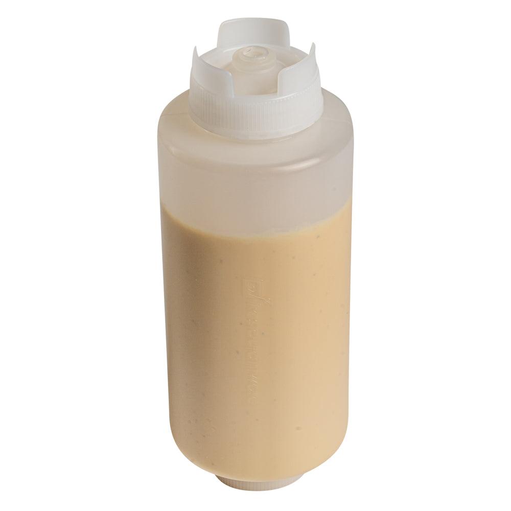 First In First Out 32 oz Clear Plastic Squeeze Bottle - Inverted, Refill & Dispensing Lid - 3 1/2" x 3 1/2" x 9" - 6 count box