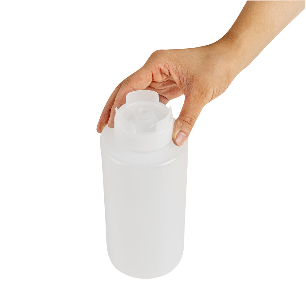 First In First Out 32 oz Clear Plastic Squeeze Bottle - Inverted, Refill & Dispensing Lid - 3 1/2" x 3 1/2" x 9" - 6 count box