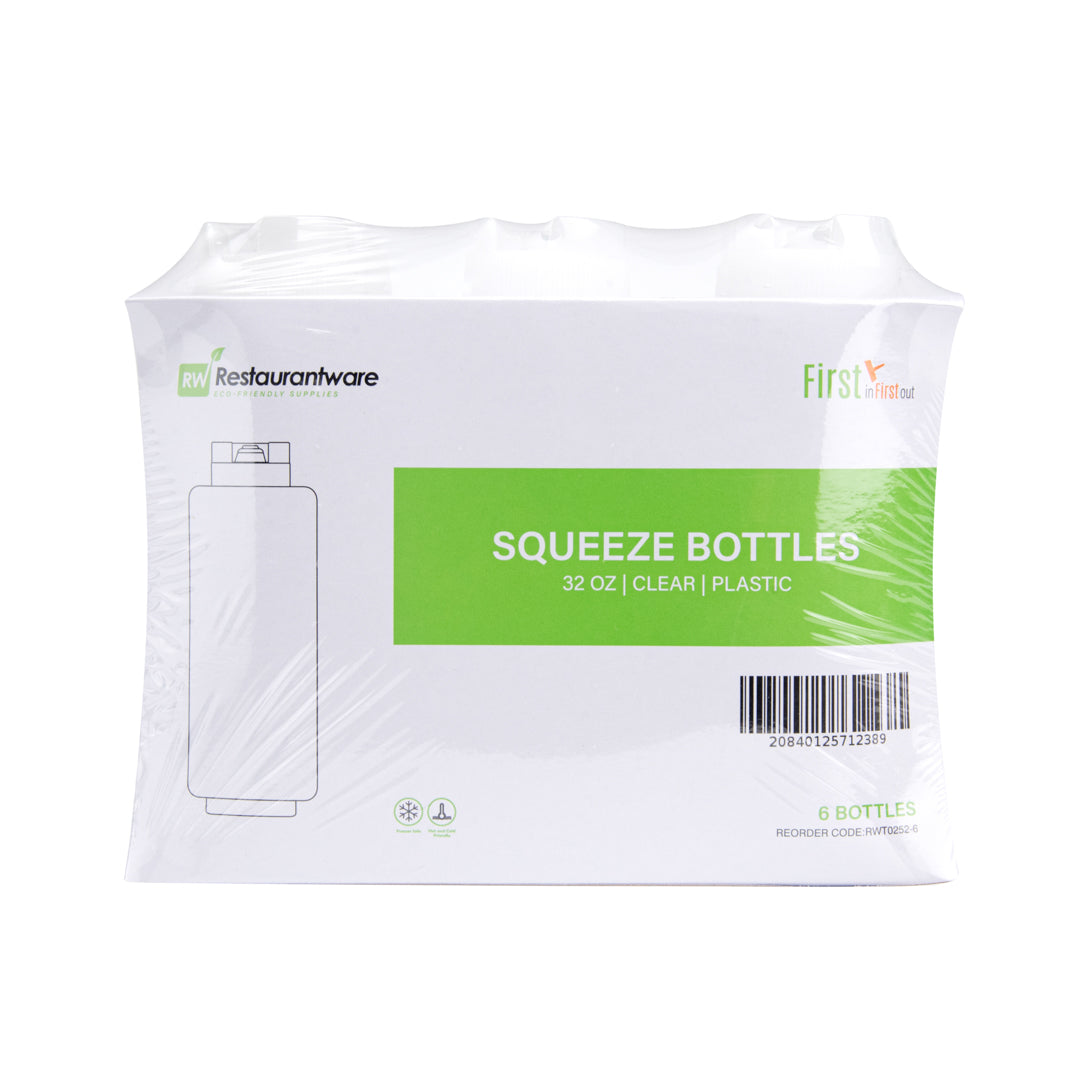 First In First Out 32 oz Clear Plastic Squeeze Bottle - Inverted, Refill & Dispensing Lid - 3 1/2" x 3 1/2" x 9" - 6 count box