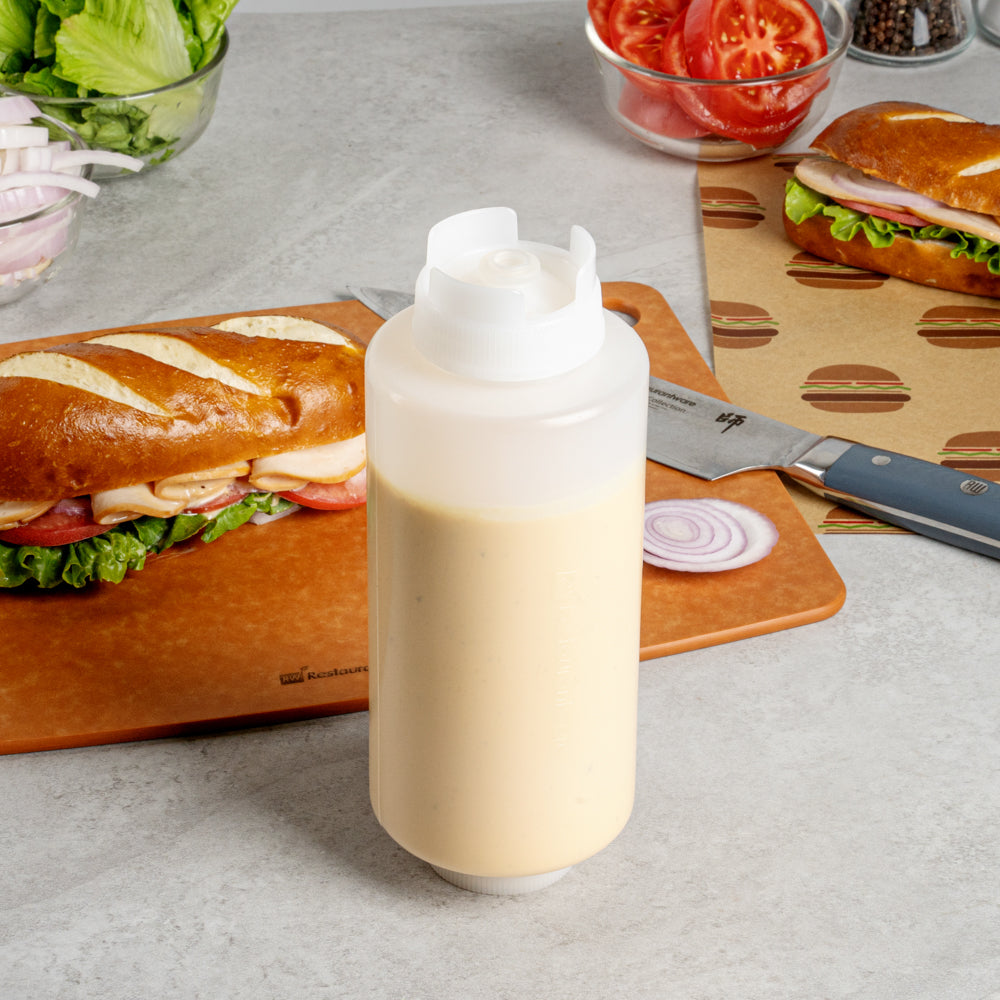 First In First Out 32 oz Clear Plastic Squeeze Bottle - Inverted, Refill & Dispensing Lid - 3 1/2" x 3 1/2" x 9" - 1 count box