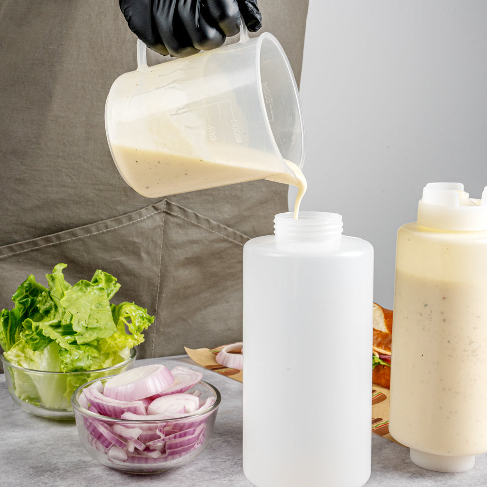 First In First Out 32 oz Clear Plastic Squeeze Bottle - Inverted, Refill & Dispensing Lid - 3 1/2" x 3 1/2" x 9" - 1 count box