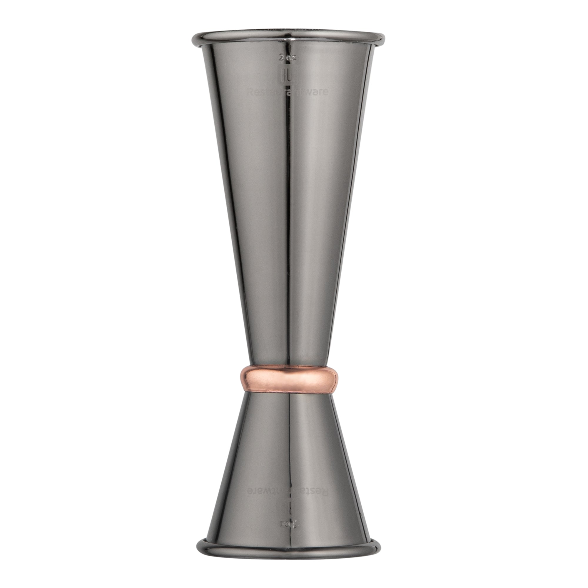 Bar Lux 1 oz / 2 oz Black-Plated Stainless Steel Jigger - Japanese Style, Copper-Plated Ring - 1 count box