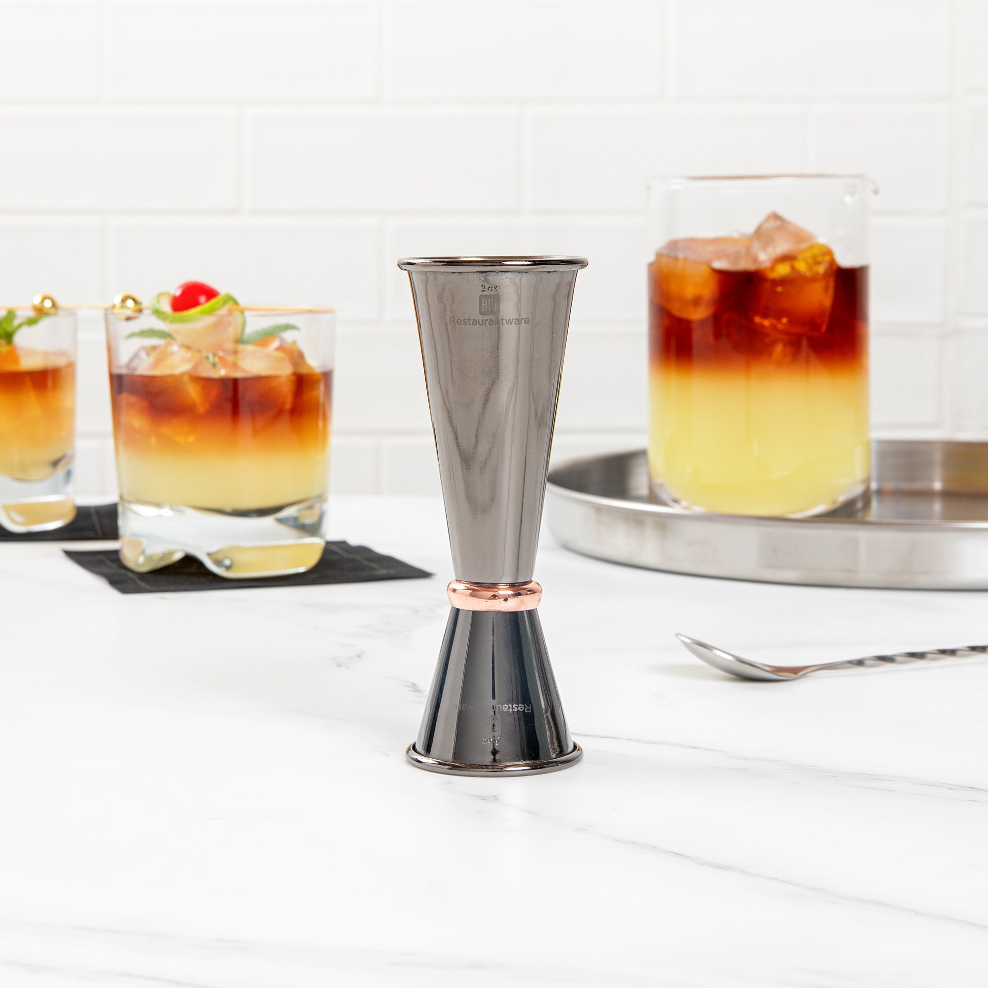 Bar Lux 1 oz / 2 oz Black-Plated Stainless Steel Jigger - Japanese Style, Copper-Plated Ring - 1 count box