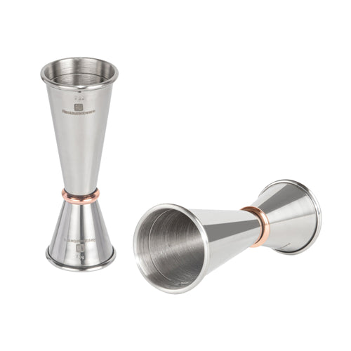 Bar Lux 1 oz / 2 oz Stainless Steel Jigger - Japanese Style, Mirrored Finish, Copper-Plated Ring - 1 count box