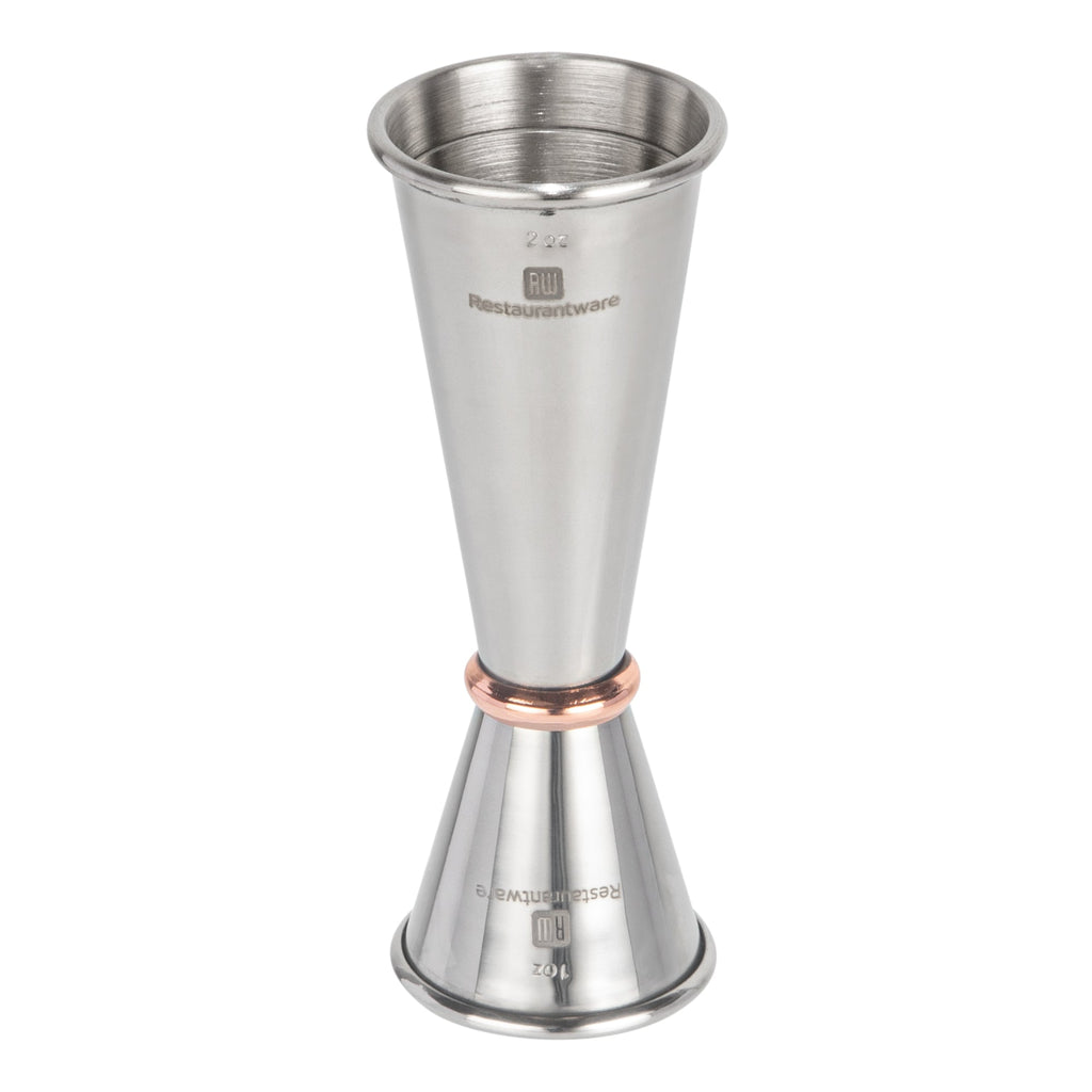 Bar Lux 1 oz / 2 oz Stainless Steel Jigger - Japanese Style, Mirrored Finish, Copper-Plated Ring - 1 count box