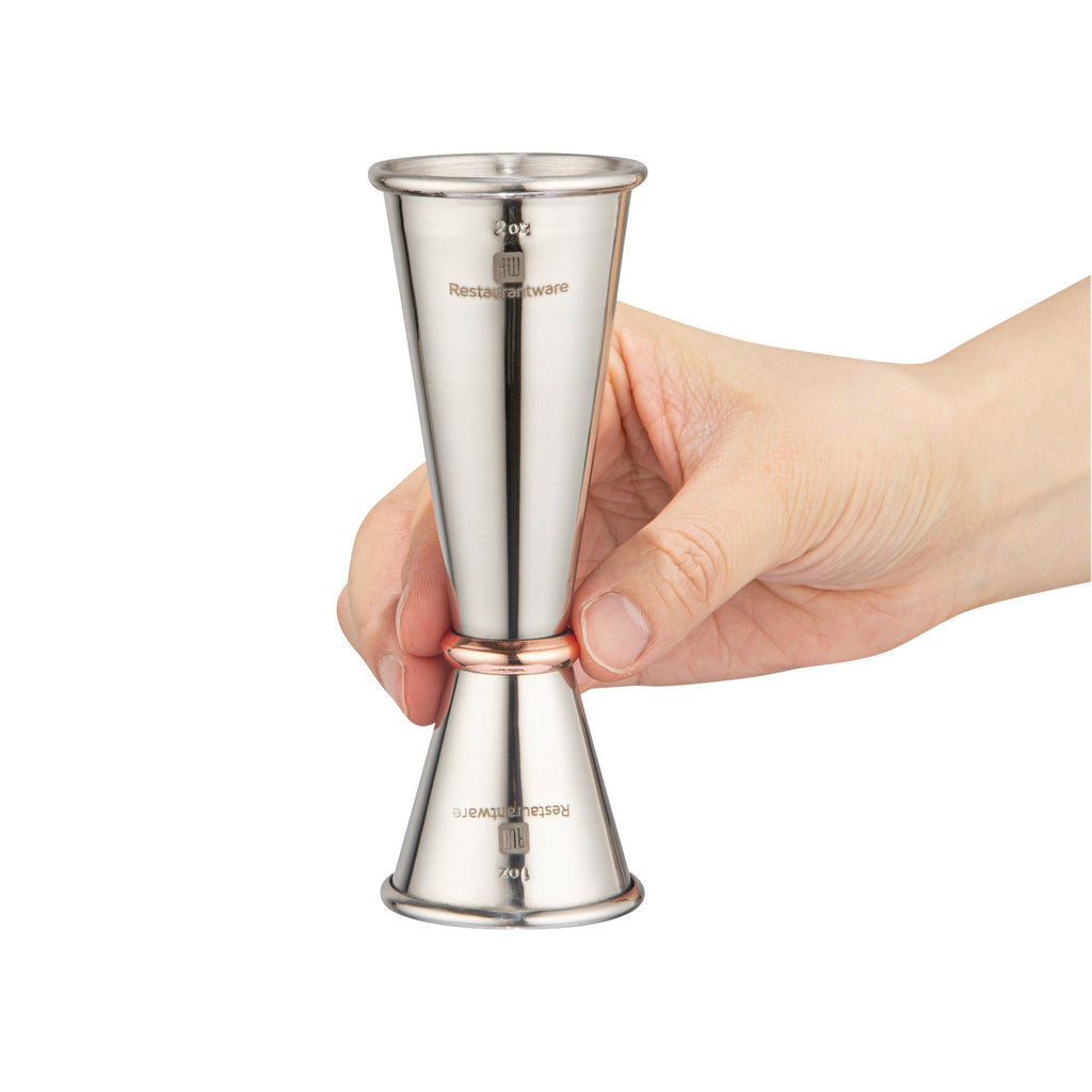 Bar Lux 1 oz / 2 oz Stainless Steel Jigger - Japanese Style, Mirrored Finish, Copper-Plated Ring - 1 count box