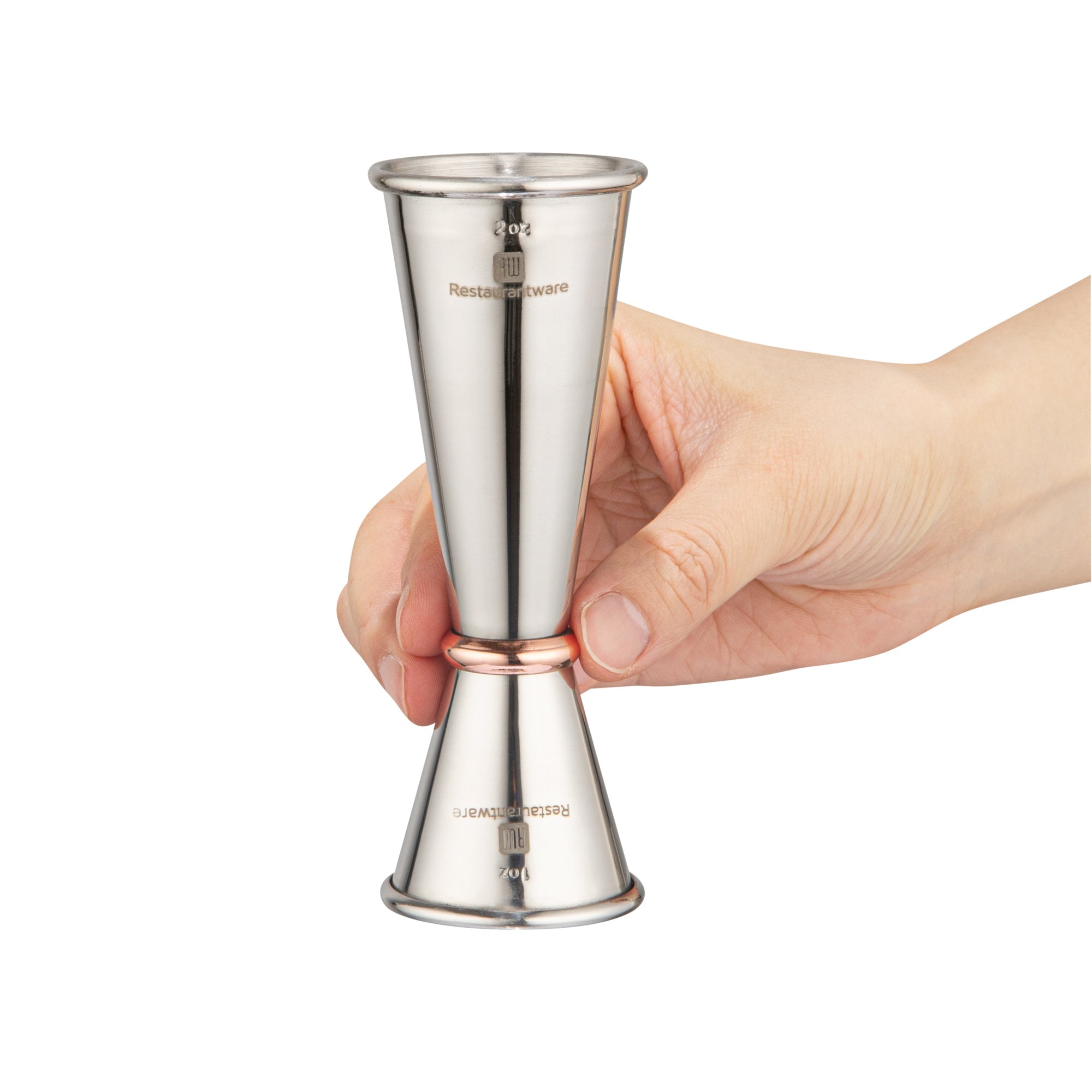 Bar Lux 1 oz / 2 oz Stainless Steel Jigger - Japanese Style, Mirrored Finish, Copper-Plated Ring - 1 count box