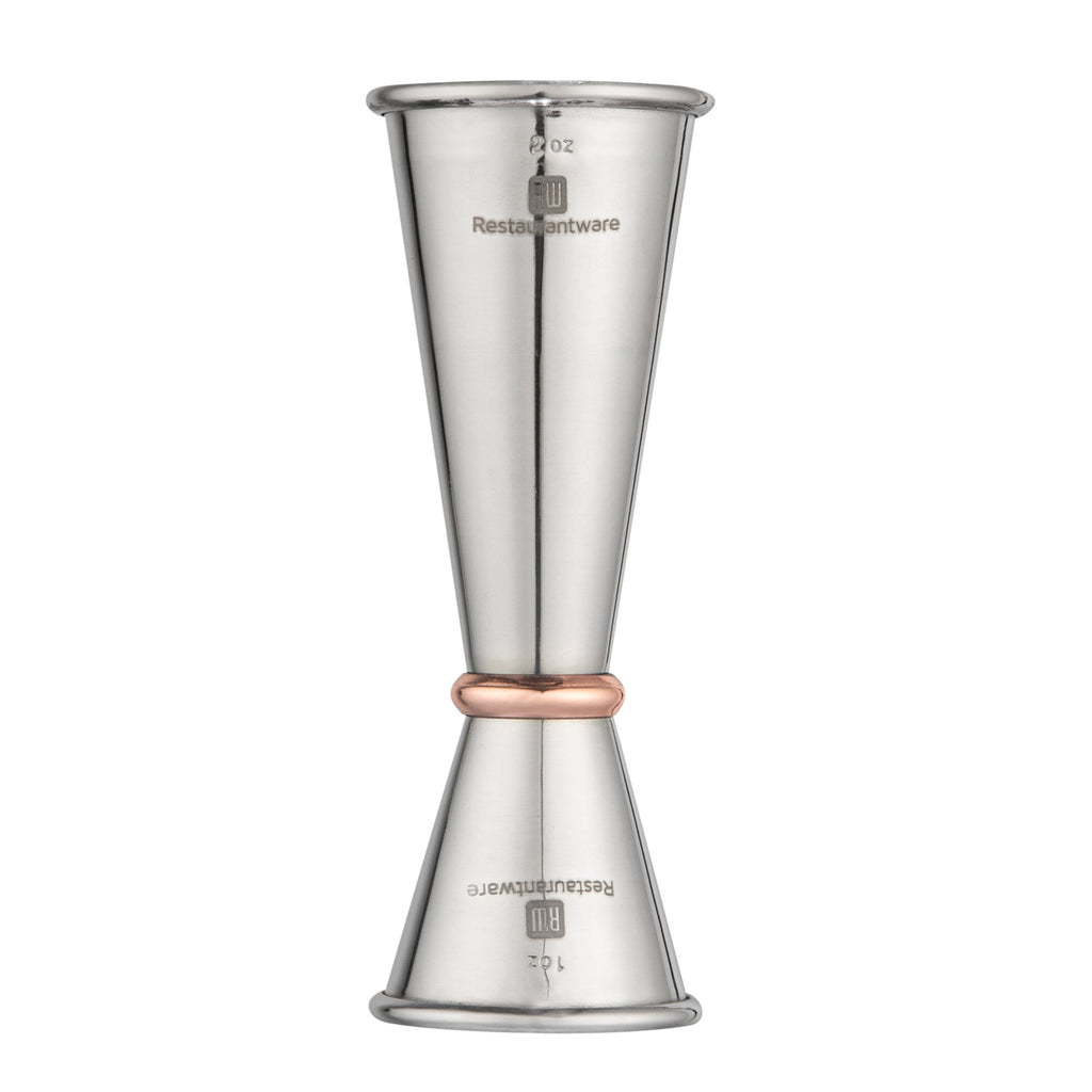 Bar Lux 1 oz / 2 oz Stainless Steel Jigger - Japanese Style, Mirrored Finish, Copper-Plated Ring - 1 count box