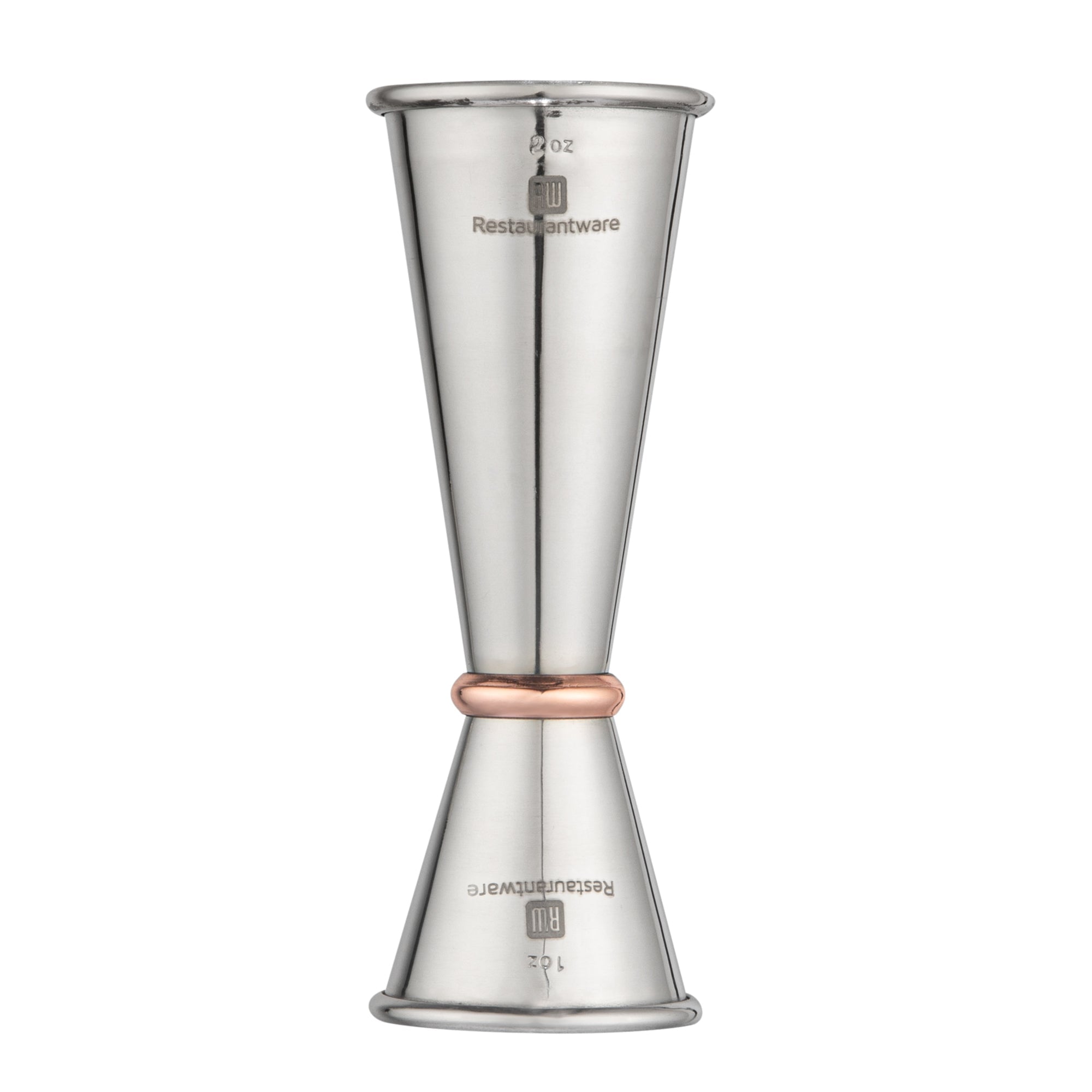 Bar Lux 1 oz / 2 oz Stainless Steel Jigger - Japanese Style, Mirrored Finish, Copper-Plated Ring - 1 count box