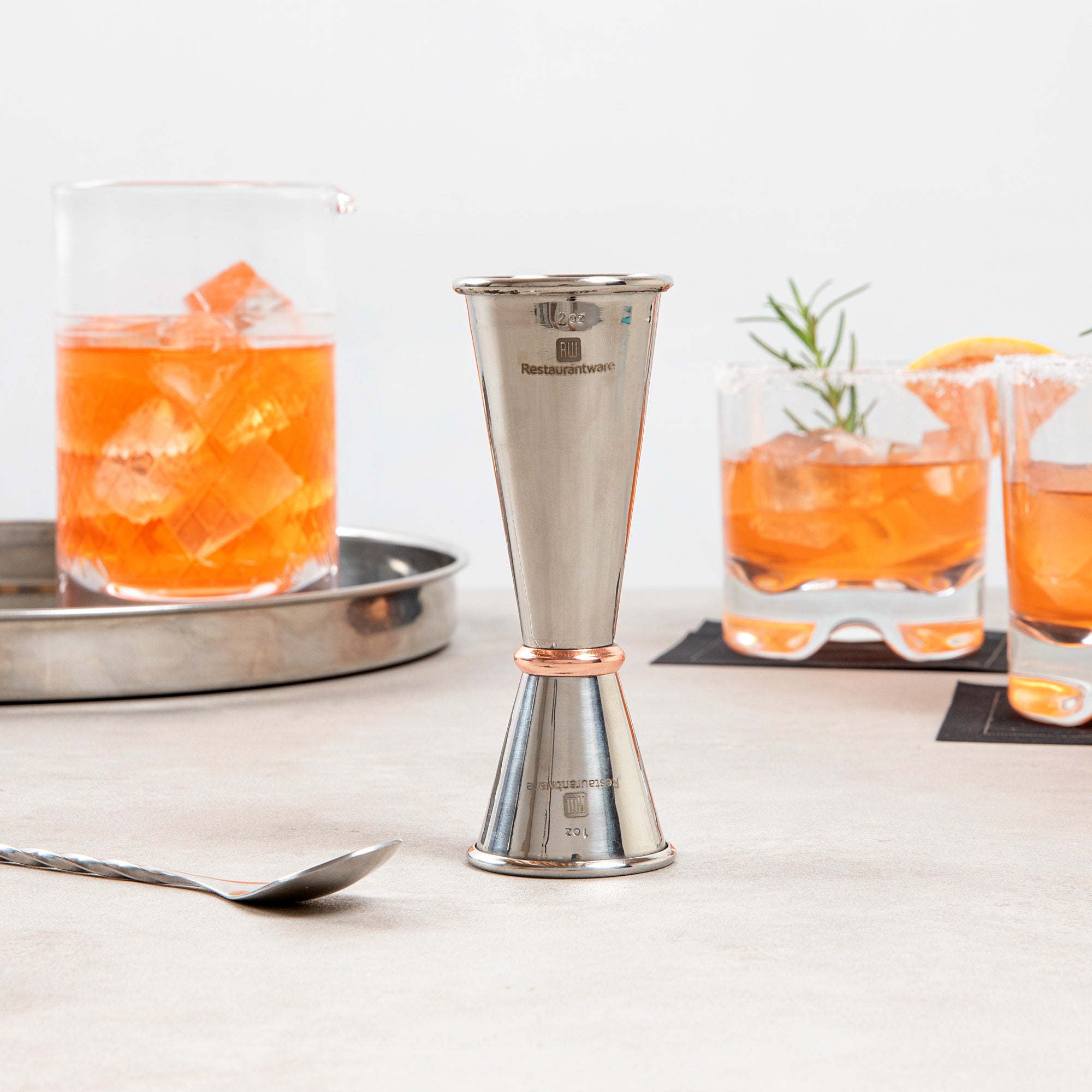 Bar Lux 1 oz / 2 oz Stainless Steel Jigger - Japanese Style, Mirrored Finish, Copper-Plated Ring - 1 count box