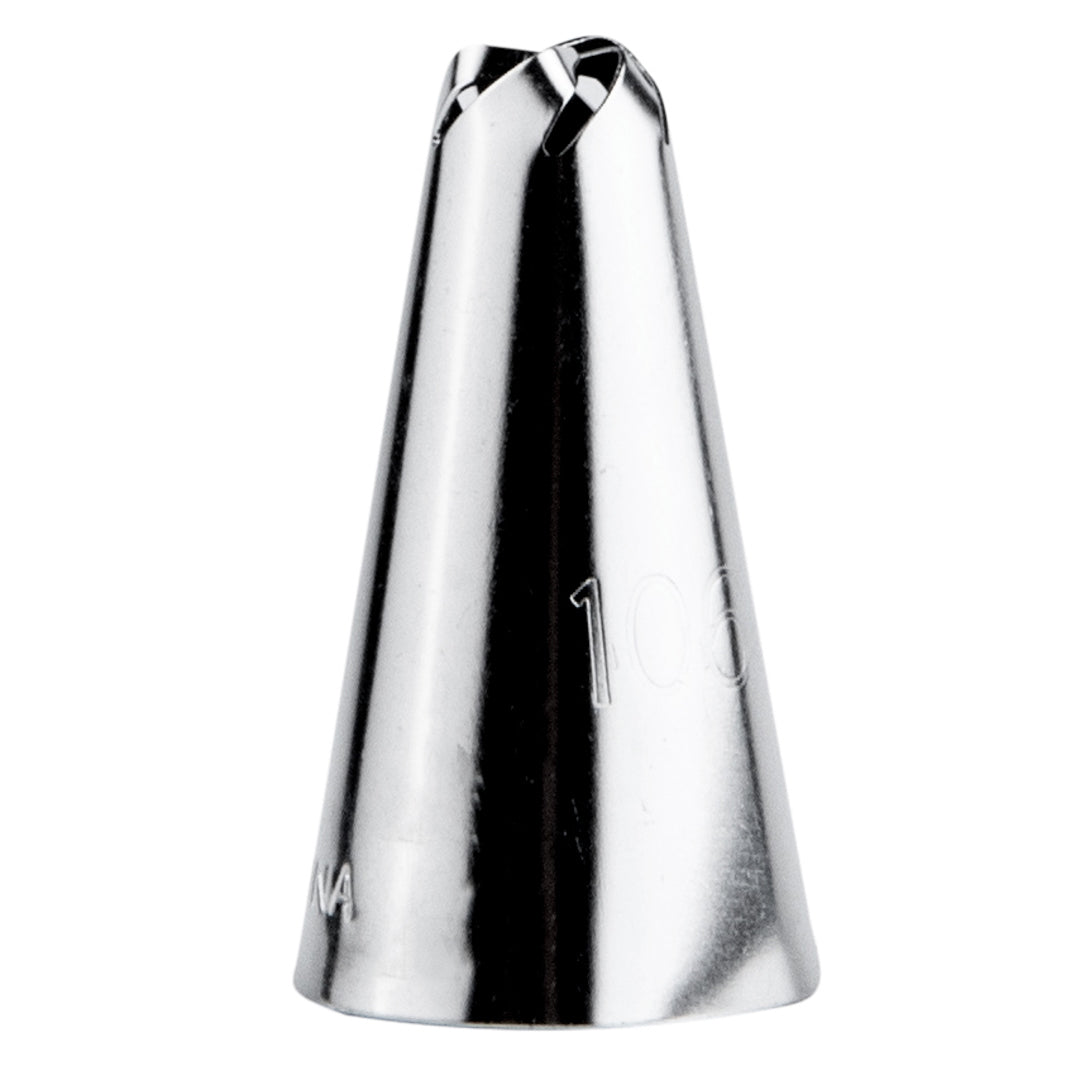 Pastry Tek Stainless Steel #106 Drop Flower Piping Tip - 3/4" x 3/4" x 1 1/4" - 1 count box