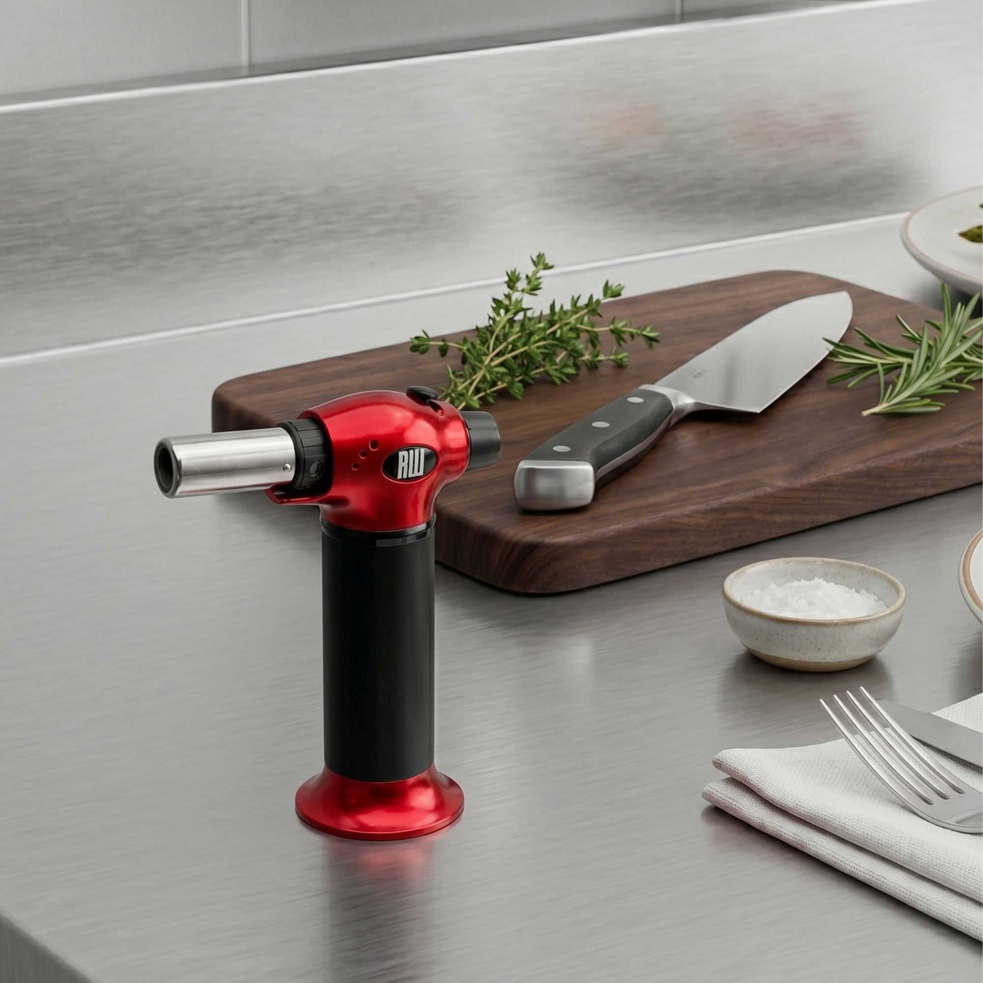 RW Pyro Stainless Steel Butane Kitchen Torch - Adjustable Dial - 5 1/4" x 2 1/2" x 6 3/4" - 1 count box