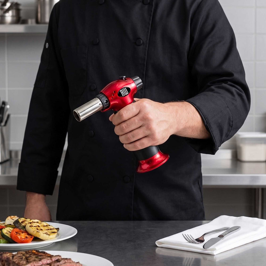 RW Pyro Stainless Steel Butane Kitchen Torch - Adjustable Dial - 5 1/4" x 2 1/2" x 6 3/4" - 1 count box