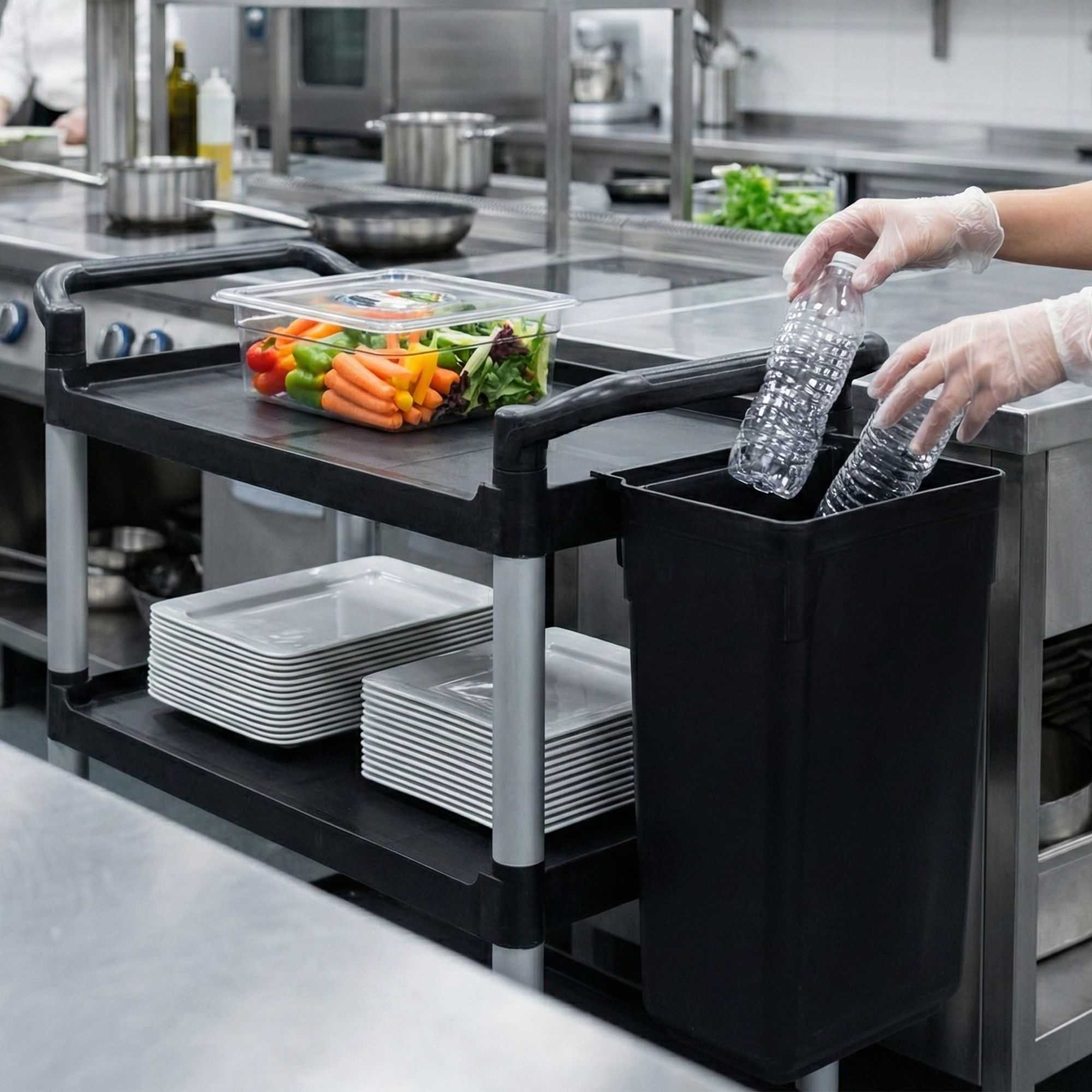 RW Clean Black Plastic Attachable Slim Trash Can - Fits Heavy-Duty Rolling Utility Cart - 13" x 9 1/2" x 22" - 1 count box