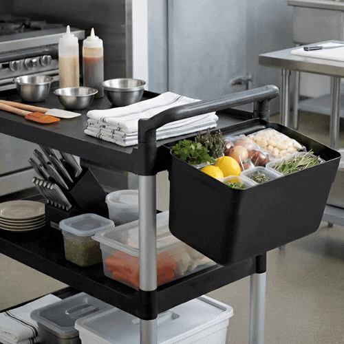RW Clean Black Plastic Attachable Small Bus Tub - Fits Heavy-Duty Rolling Utility Cart - 13" x 9 1/4" x 7" - 1 count box