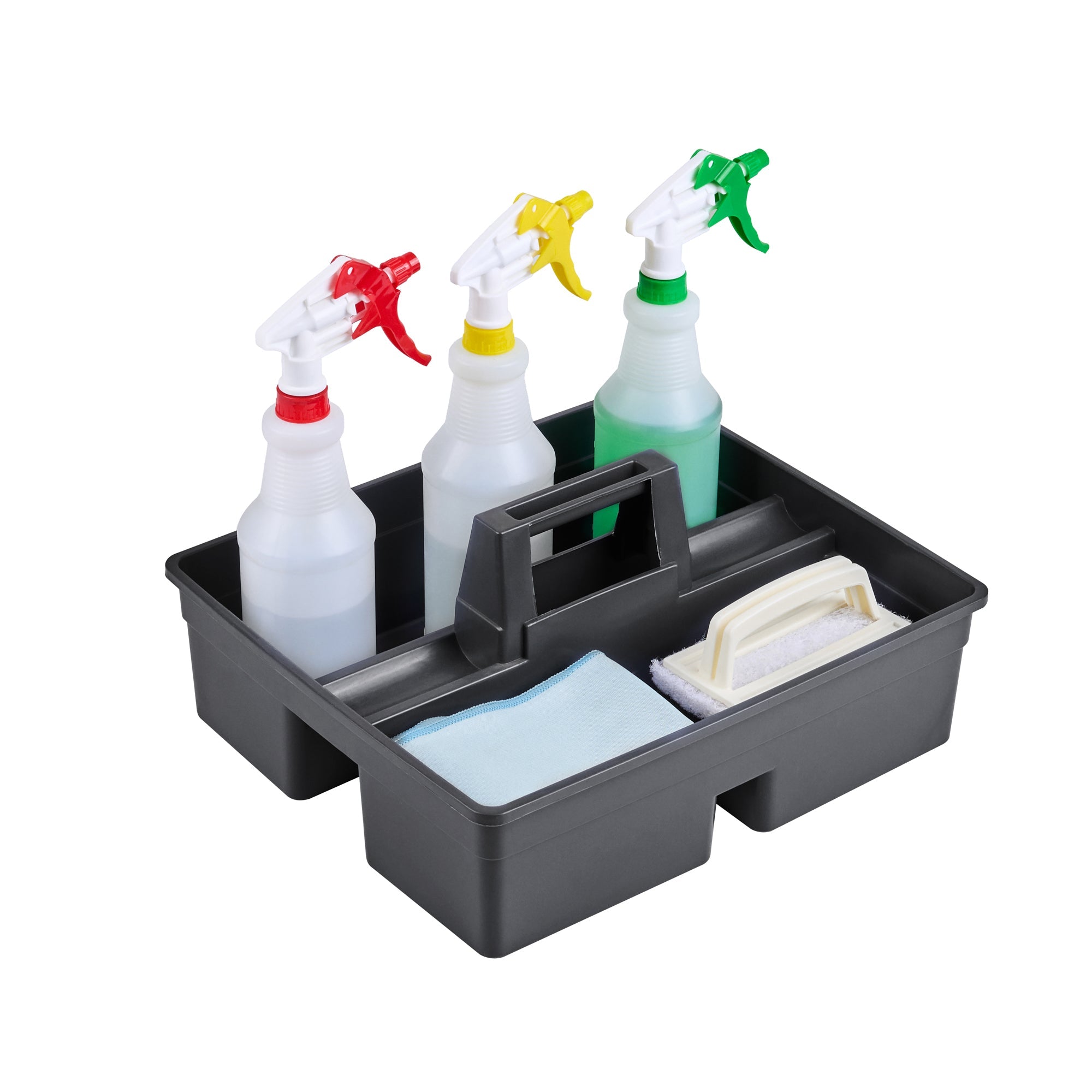RW Clean Black Plastic Cleaning Caddy - 3 Compartments, with Handle - 15 1/4" x 13 1/4" x 6 3/4" - 1 count box