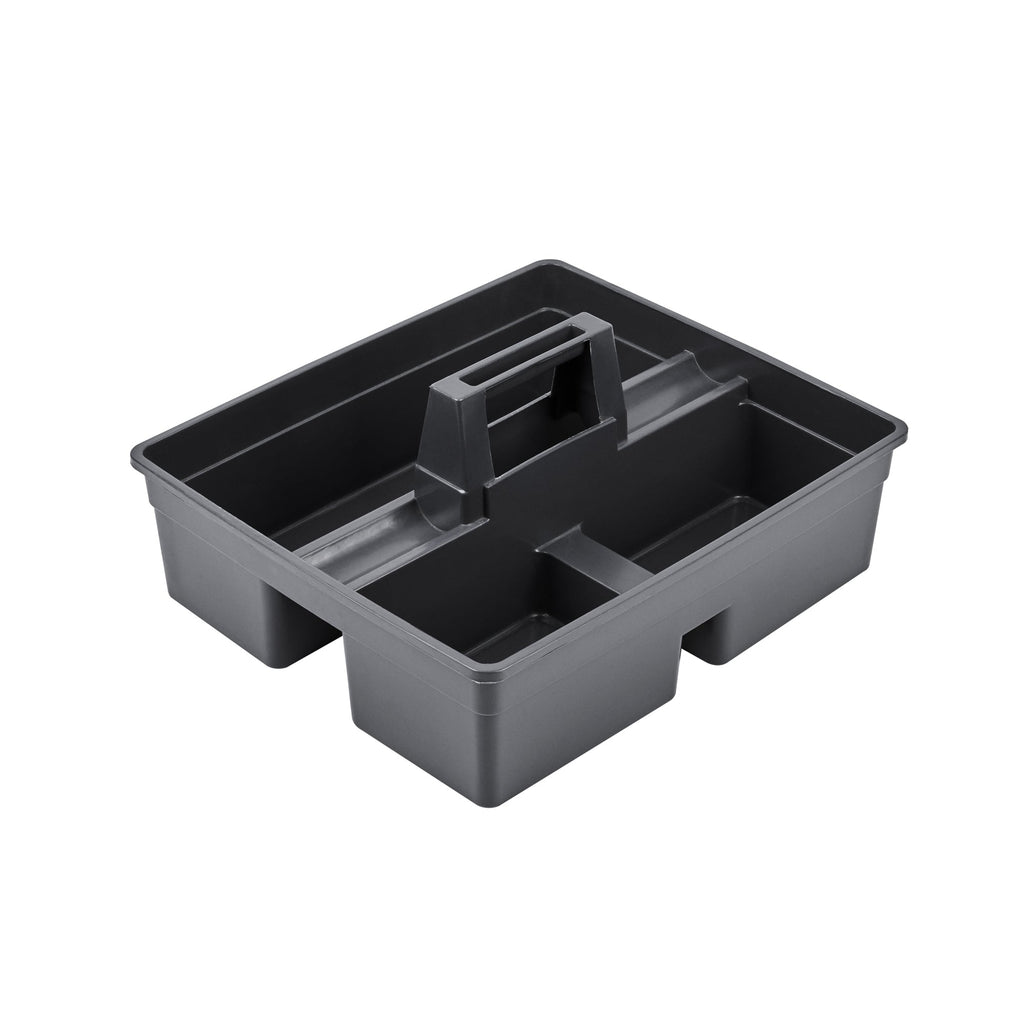 RW Clean Black Plastic Cleaning Caddy - 3 Compartments, with Handle - 15 1/4" x 13 1/4" x 6 3/4" - 1 count box