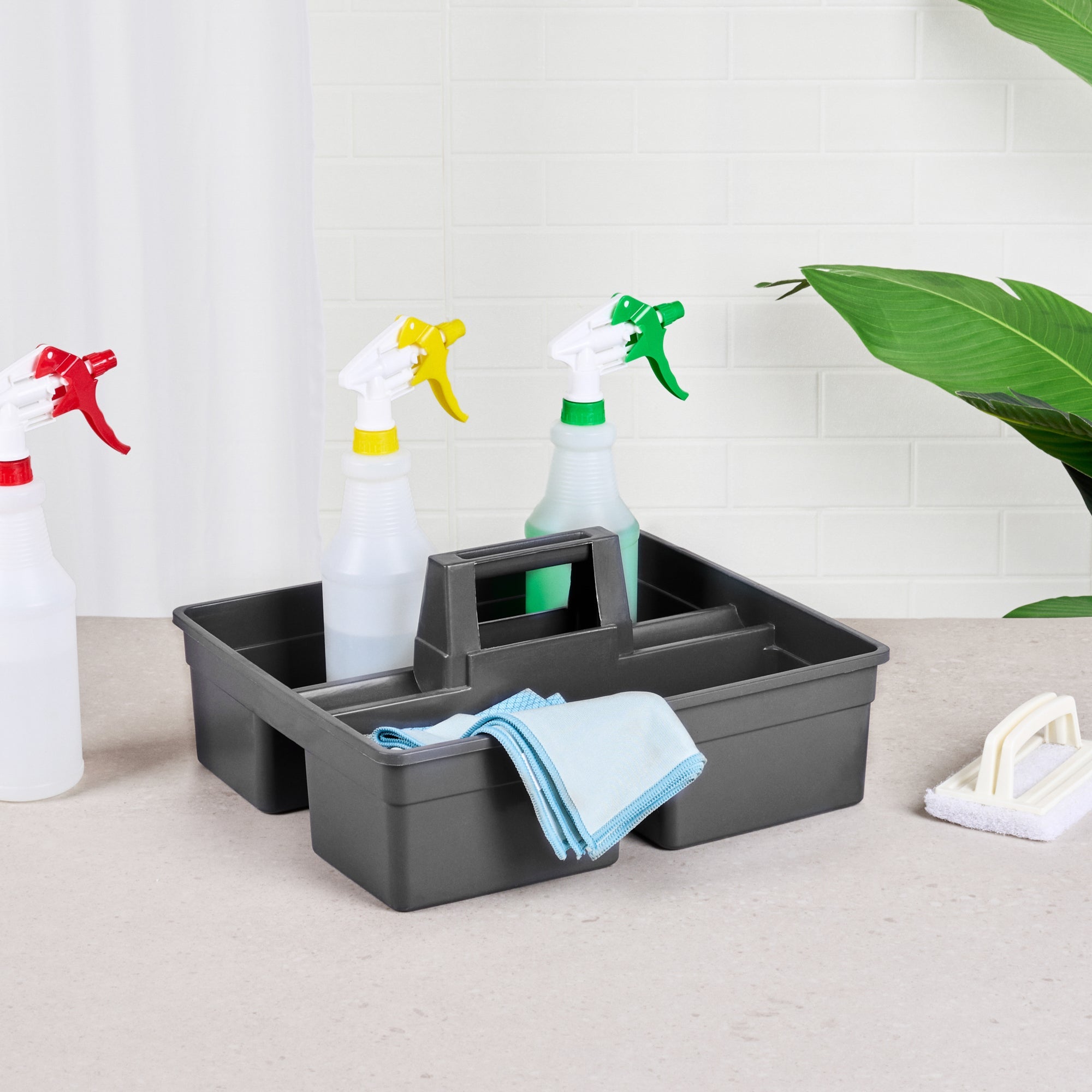 RW Clean Black Plastic Cleaning Caddy - 3 Compartments, with Handle - 15 1/4" x 13 1/4" x 6 3/4" - 1 count box