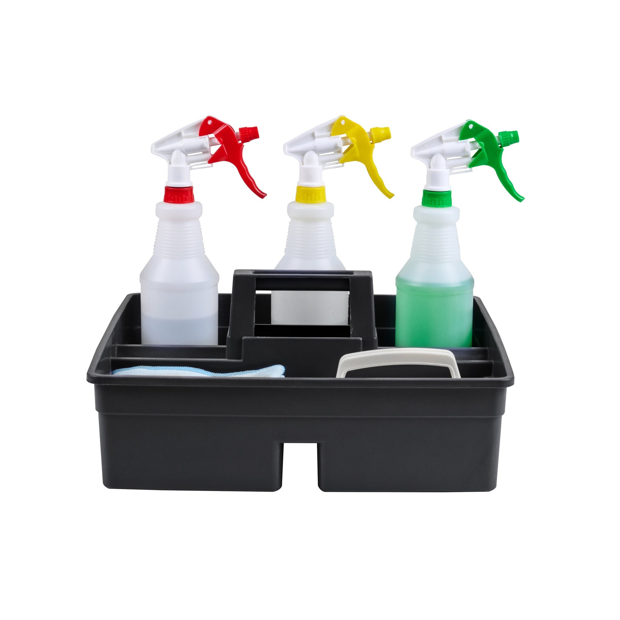 RW Clean Black Plastic Cleaning Caddy - 3 Compartments, with Handle - 15 1/4" x 13 1/4" x 6 3/4" - 1 count box