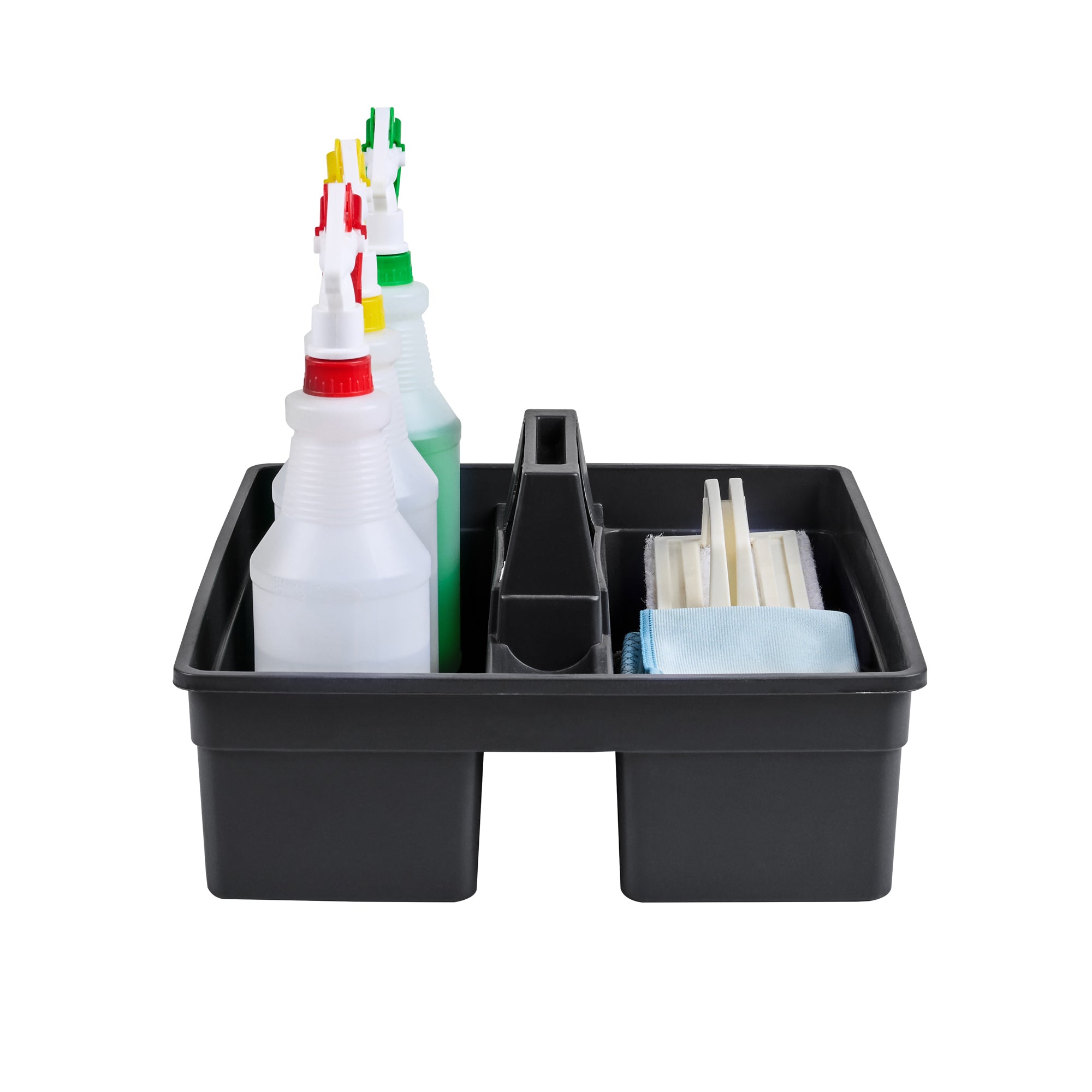 RW Clean Black Plastic Cleaning Caddy - 3 Compartments, with Handle - 15 1/4" x 13 1/4" x 6 3/4" - 1 count box