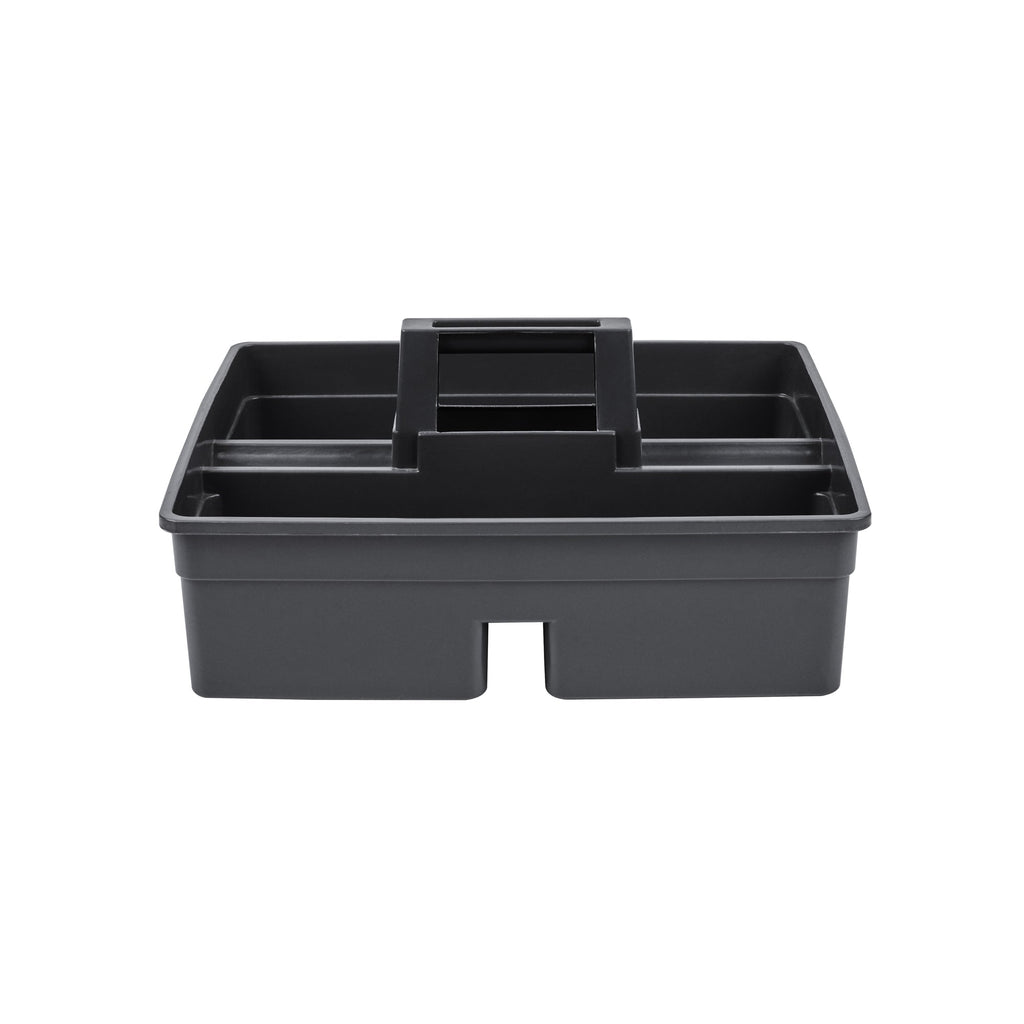 RW Clean Black Plastic Cleaning Caddy - 3 Compartments, with Handle - 15 1/4" x 13 1/4" x 6 3/4" - 1 count box