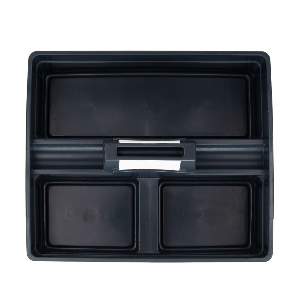 RW Clean Black Plastic Cleaning Caddy - 3 Compartments, with Handle - 15 1/4" x 13 1/4" x 6 3/4" - 1 count box