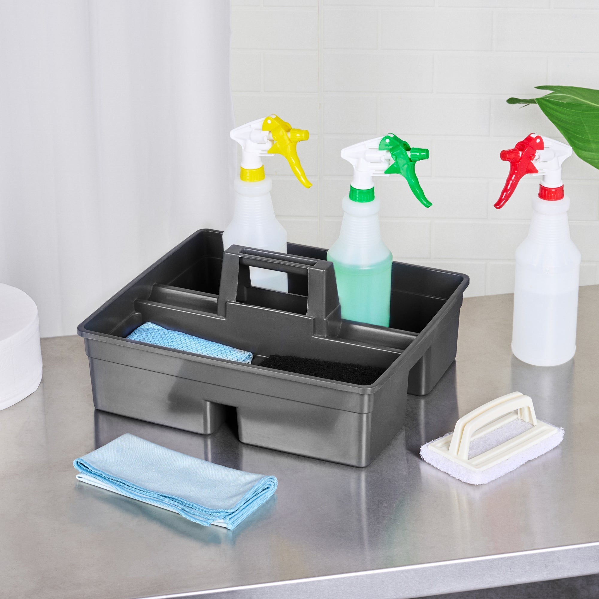 RW Clean Black Plastic Cleaning Caddy - 3 Compartments, with Handle - 15 1/4" x 13 1/4" x 6 3/4" - 1 count box