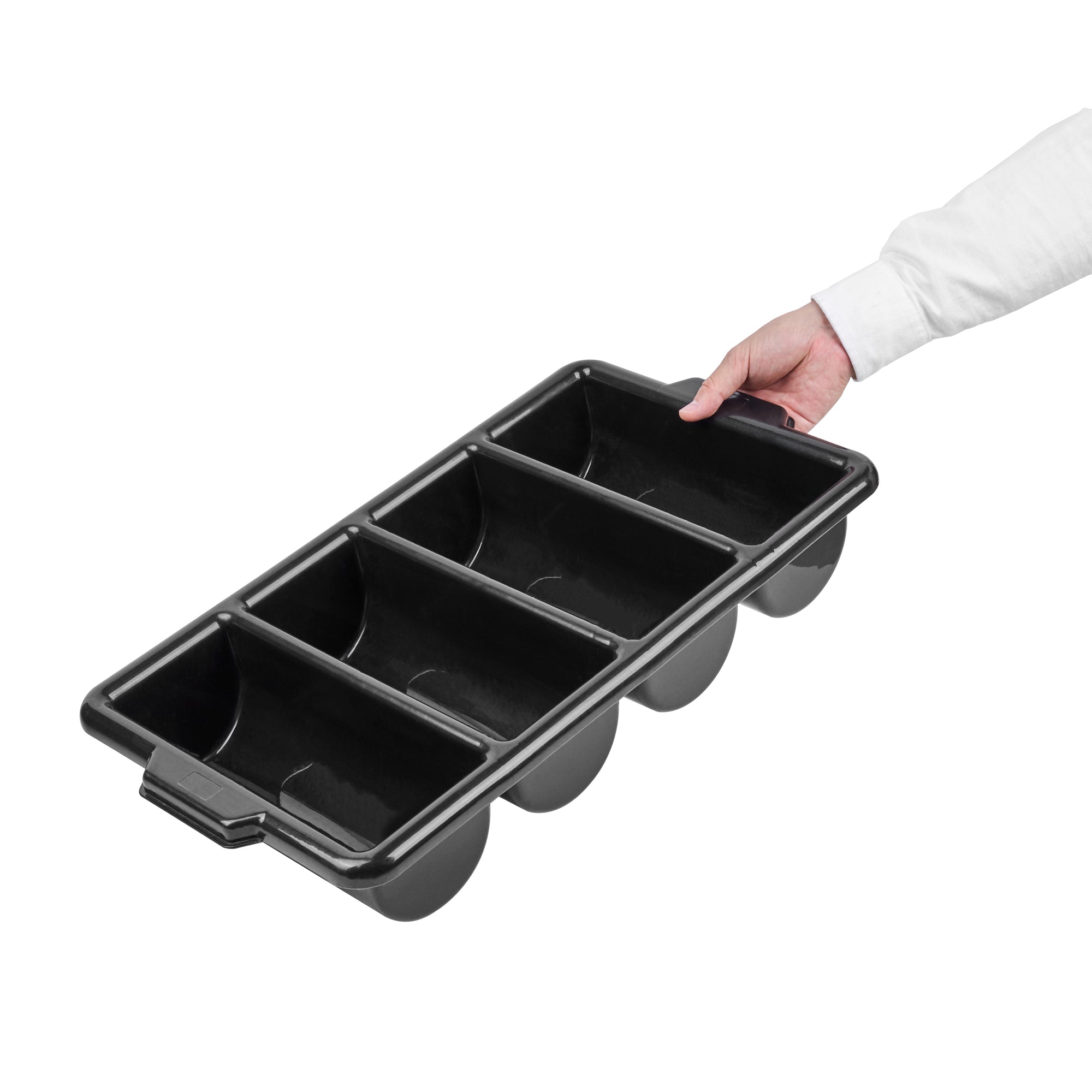 RW Clean Black Plastic Cutlery Box - 4 Compartments, with Handles - 22" x 14 1/4" x 3 1/2" - 1 count box