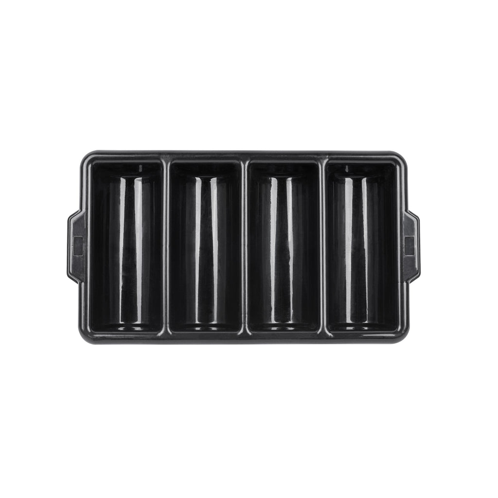 RW Clean Black Plastic Cutlery Box - 4 Compartments, with Handles - 22" x 14 1/4" x 3 1/2" - 1 count box