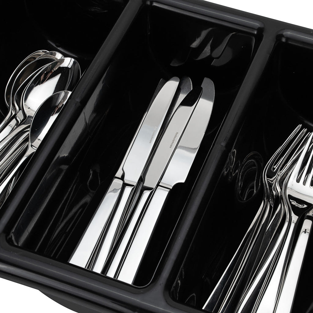 RW Clean Black Plastic Cutlery Box - 4 Compartments, with Handles - 22" x 14 1/4" x 3 1/2" - 1 count box