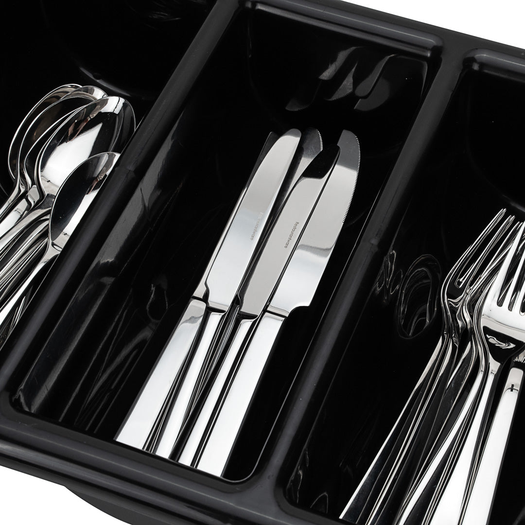 RW Clean Black Plastic Cutlery Box - 4 Compartments, with Handles - 22" x 14 1/4" x 3 1/2" - 1 count box