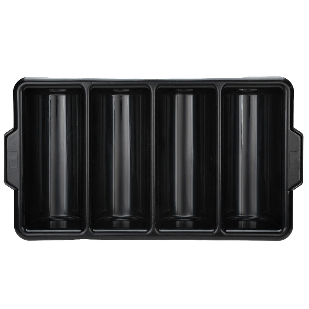 RW Clean Black Plastic Cutlery Box - 4 Compartments, with Handles - 22" x 14 1/4" x 3 1/2" - 1 count box