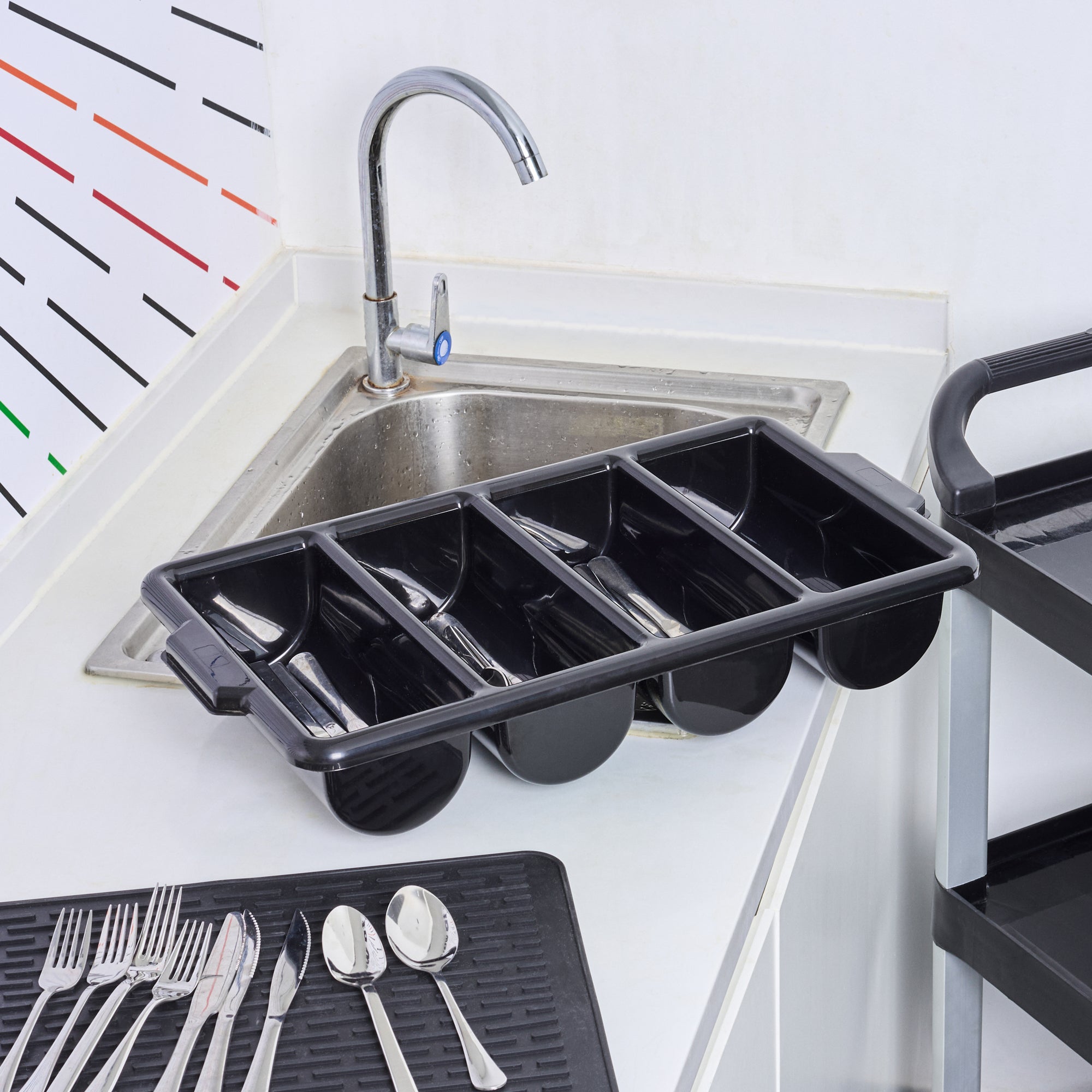 RW Clean Black Plastic Cutlery Box - 4 Compartments, with Handles - 22" x 14 1/4" x 3 1/2" - 1 count box