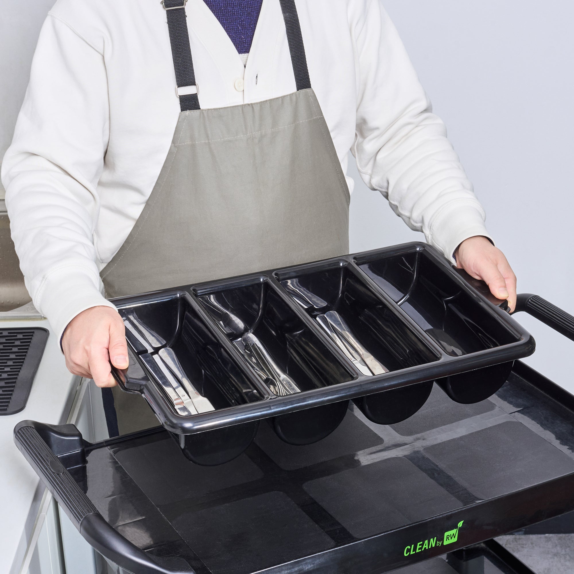 RW Clean Black Plastic Cutlery Box - 4 Compartments, with Handles - 22" x 14 1/4" x 3 1/2" - 1 count box
