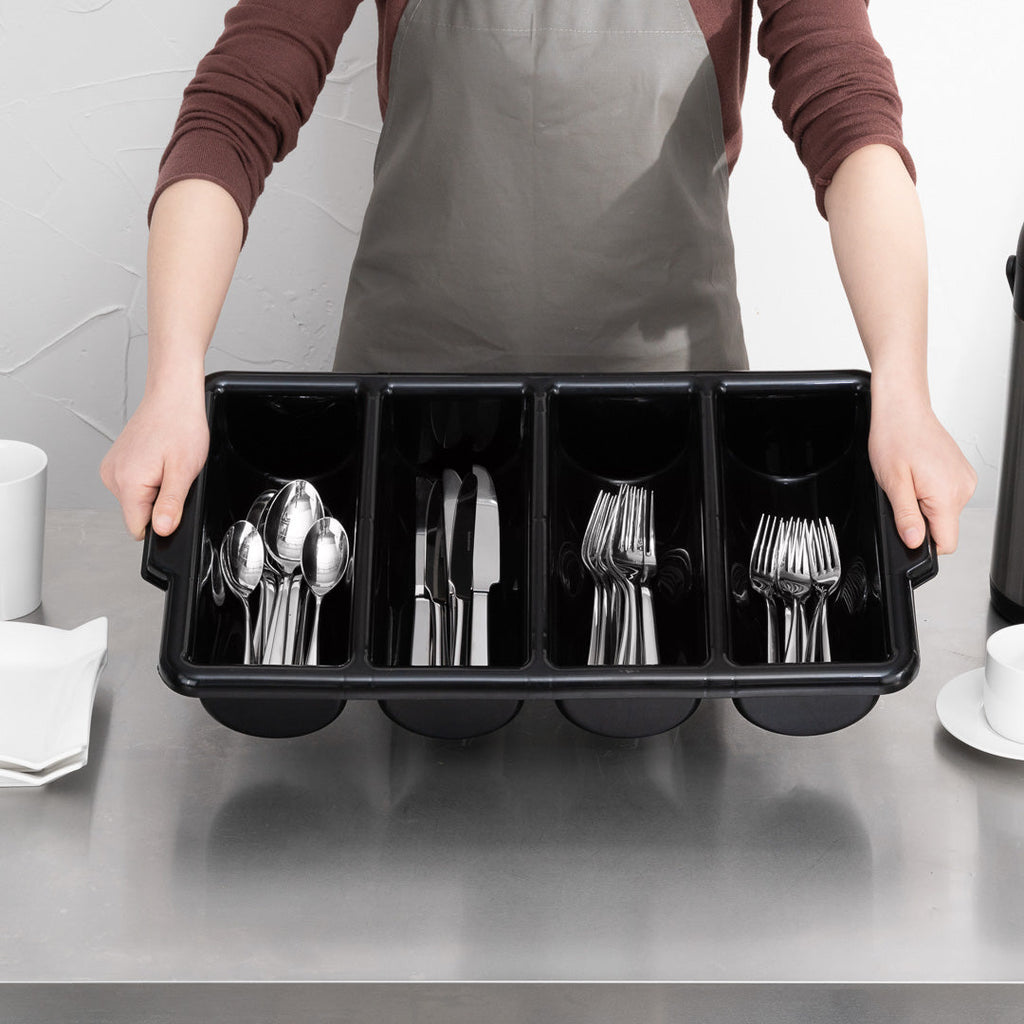 RW Clean Black Plastic Cutlery Box - 4 Compartments, with Handles - 22" x 14 1/4" x 3 1/2" - 1 count box