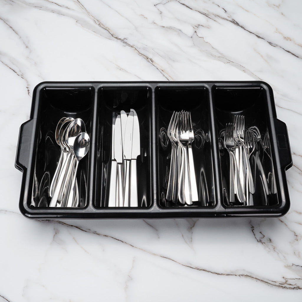 RW Clean Black Plastic Cutlery Box - 4 Compartments, with Handles - 22" x 14 1/4" x 3 1/2" - 1 count box