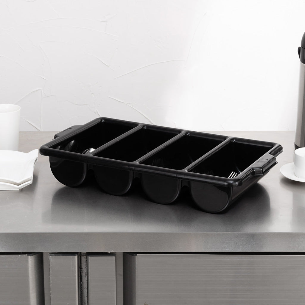 RW Clean Black Plastic Cutlery Box - 4 Compartments, with Handles - 22" x 14 1/4" x 3 1/2" - 1 count box