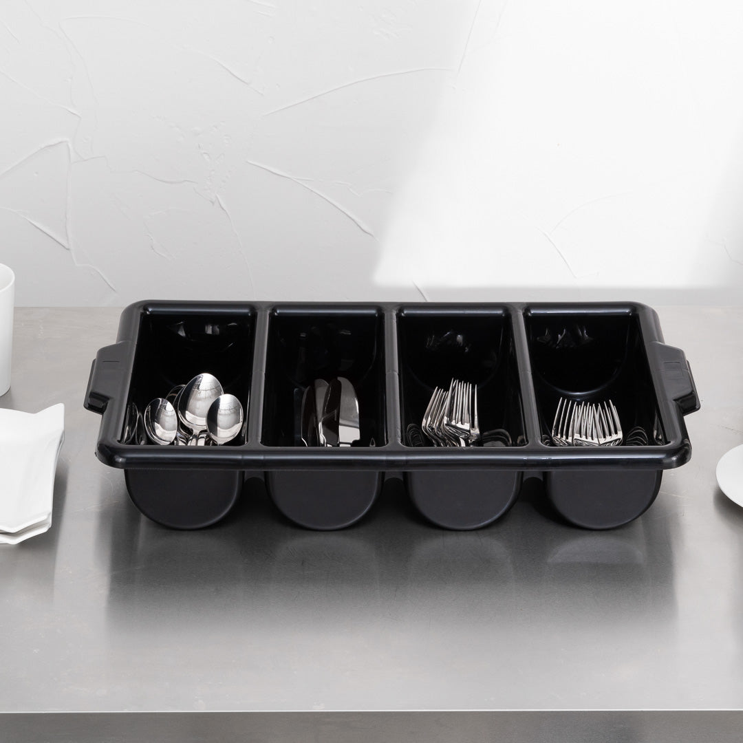 RW Clean Black Plastic Cutlery Box - 4 Compartments, with Handles - 22" x 14 1/4" x 3 1/2" - 1 count box