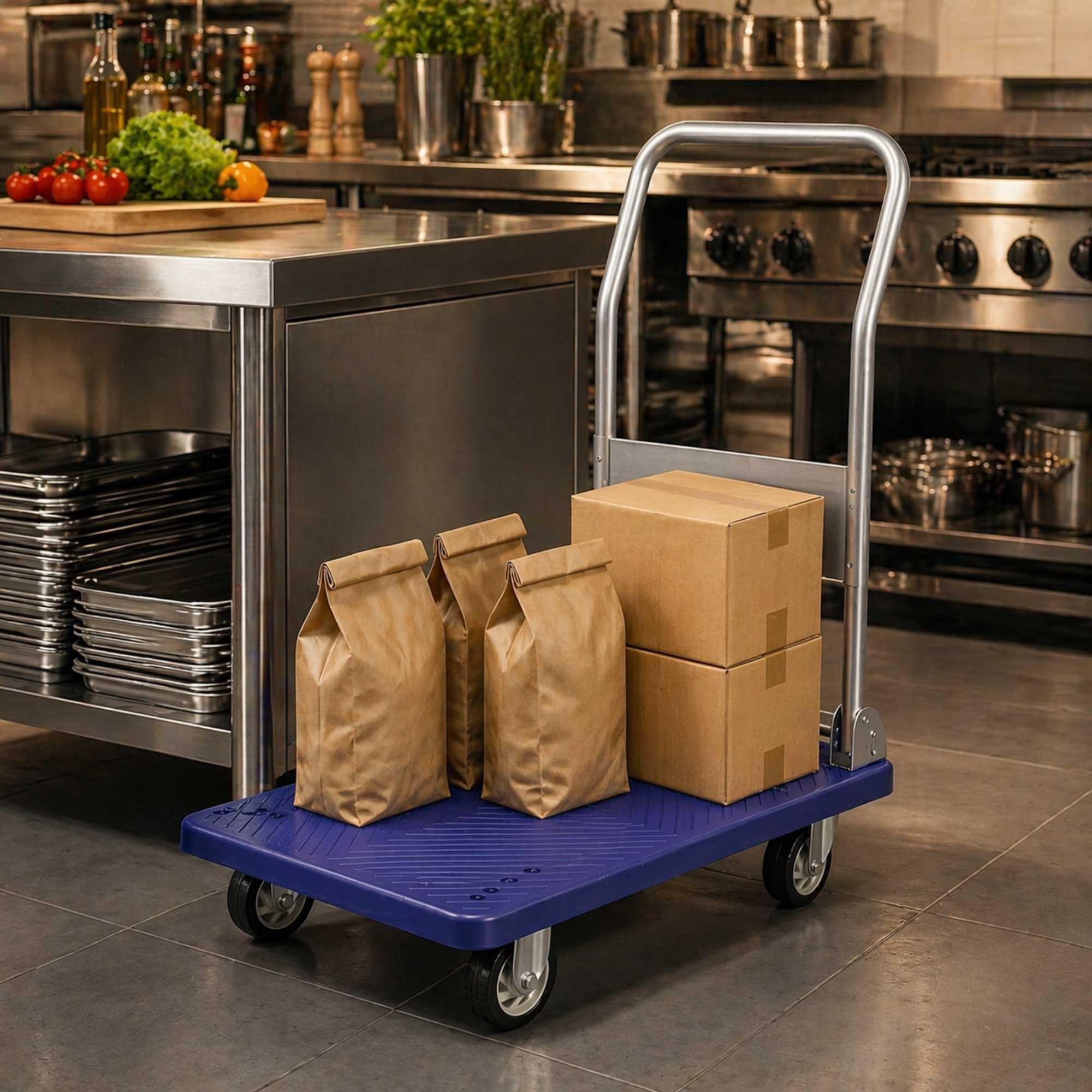 RW Clean Blue Plastic Large Folding Platform Cart - 660 lb Capacity - 35 1/2" x 23 1/4" x 27 3/4" - 1 count box