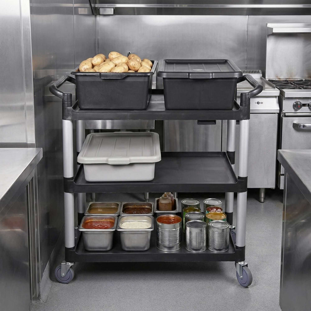 RW Clean Black Plastic Large Heavy-Duty Rolling Utility Cart - 3 Shelves - 40 1/4" x 19 3/4" x 37 3/4" - 1 count box
