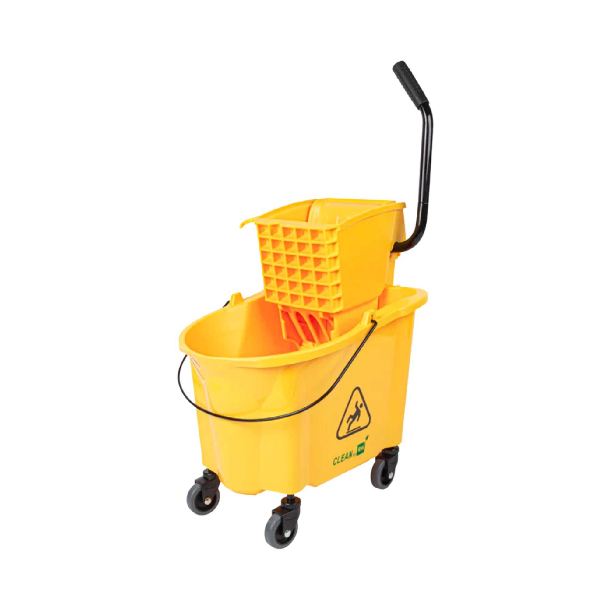RW Clean 38 qt Yellow Plastic Mop Bucket - with Side Press Wringer - 22 1/2" x 16 1/4" x 36 1/2" - 1 count box
