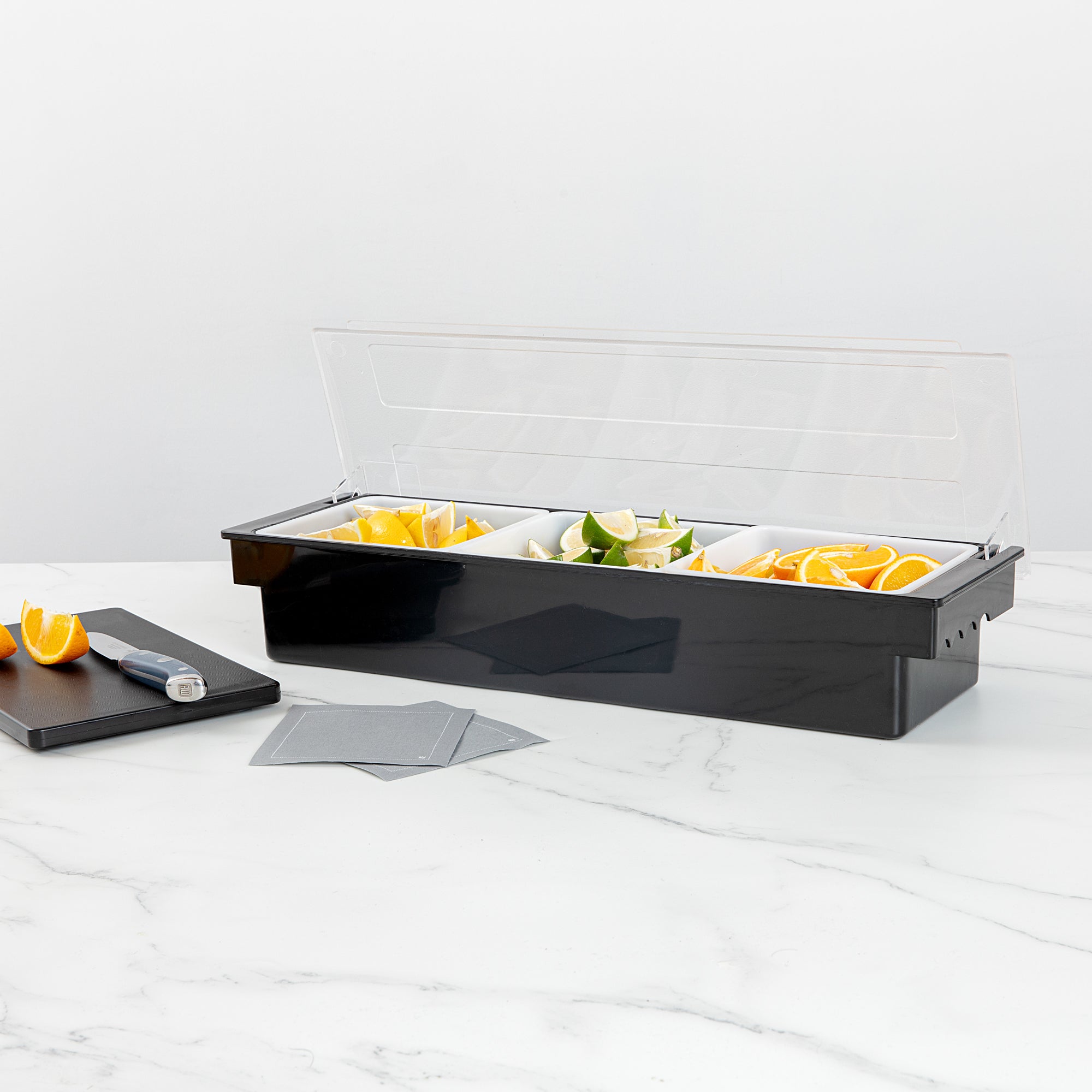 Bar Lux Black Plastic Condiment Caddy - 3 Compartments - 19 1/2" x 6 1/4" x 3 3/4" - 1 count box