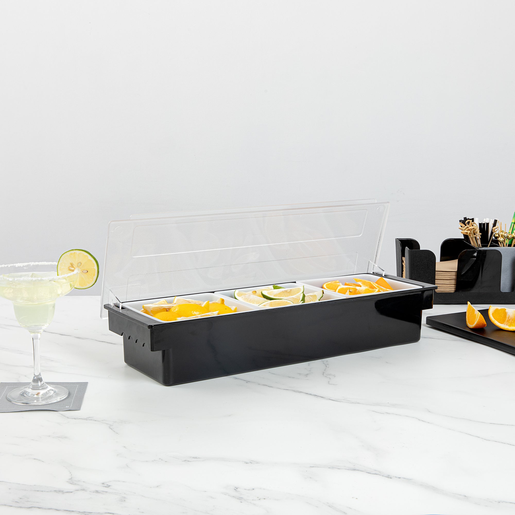 Bar Lux Black Plastic Condiment Caddy - 3 Compartments - 19 1/2" x 6 1/4" x 3 3/4" - 1 count box