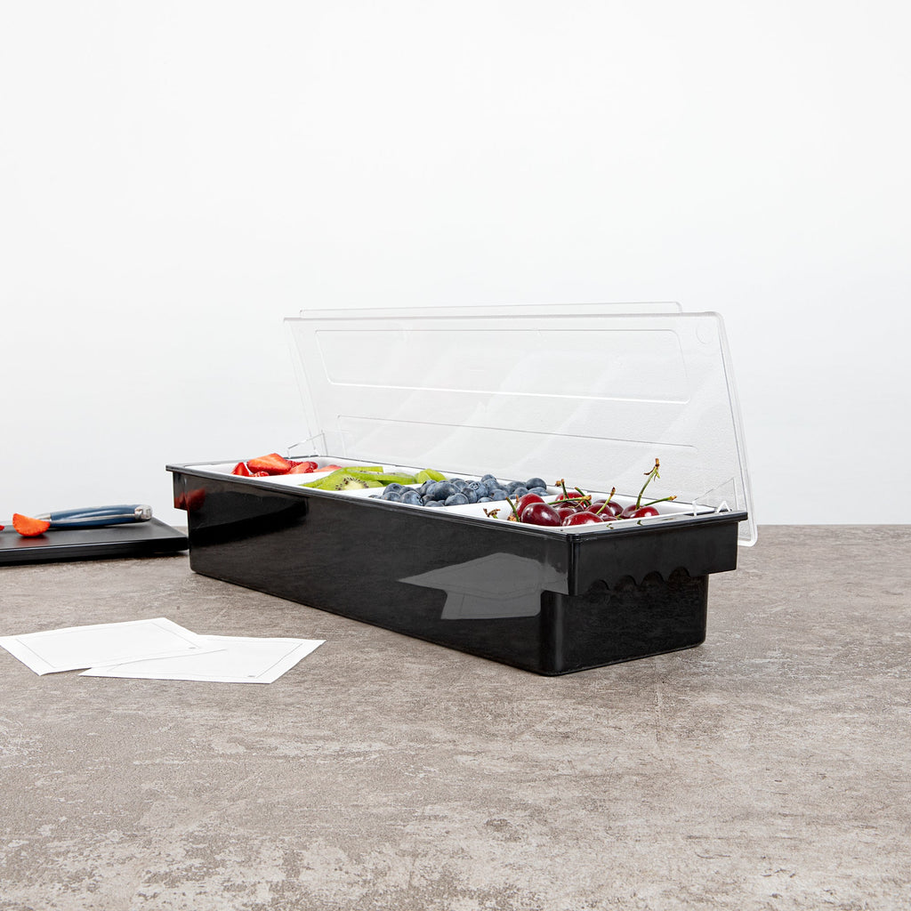 Bar Lux Black Plastic Condiment Caddy - 4 Compartments - 19 1/2" x 6 1/4" x 3 3/4" - 1 count box